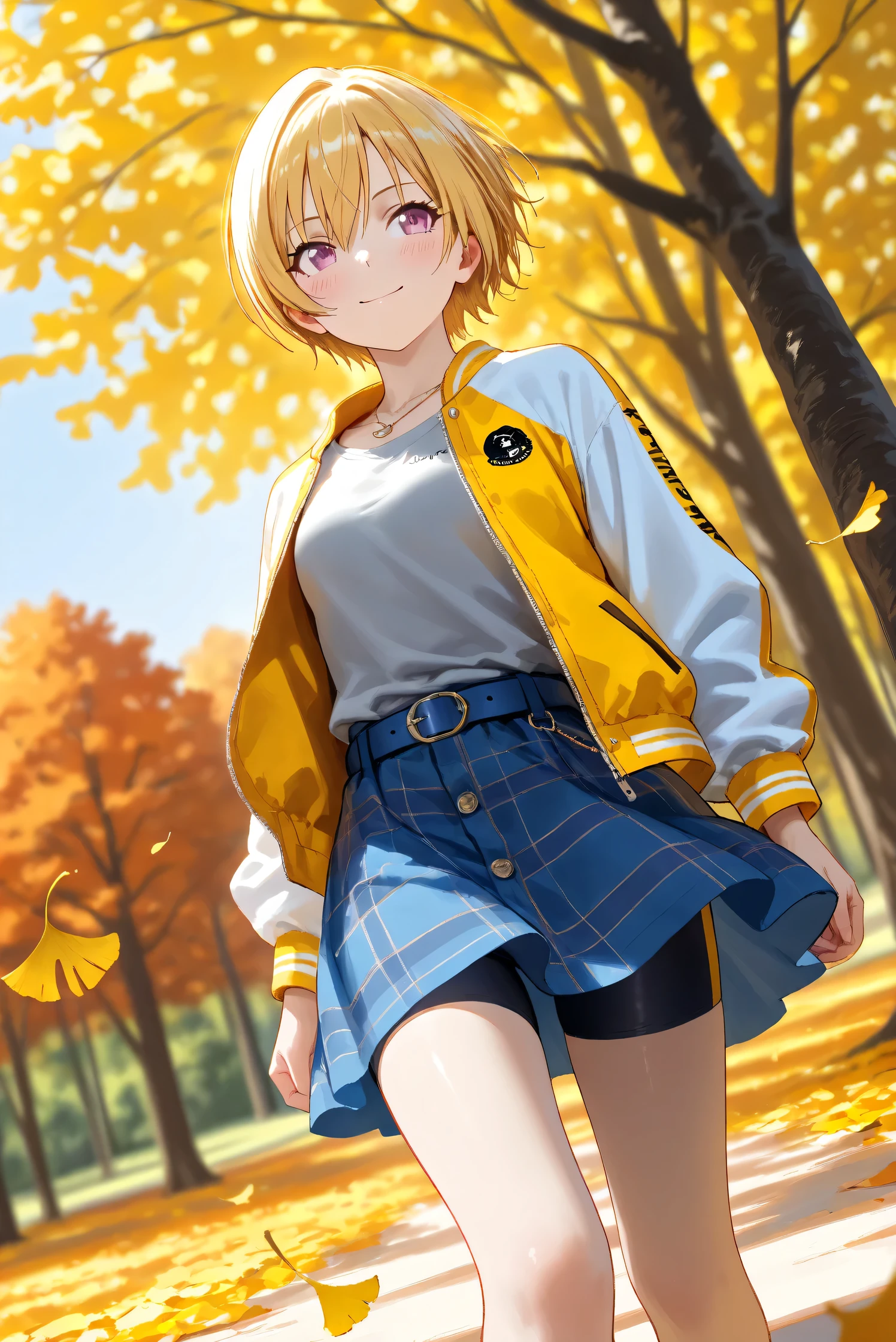 (Masterpiece), (Highest quality), (Very detailed), 
(The best shape), (Best Shadow), (Absurd), 
(Detailed background), (So beautiful), Shiny , 
Beautiful eyes in every detail, Extraordinary, Countershading, 8k, 32K, High resolution, 
Very Detailed CG,

Score_9, Score_8_up, Score_7_up, Source_anime, 
(Pastel painting:1.2), (Watercolor painting:1.2),
(Masterpiece, Detailed:1.2), (Foreshortening:1.2),

Cinematic, Dramatic, (Depth of field:1.4),
(Blurry background:1.4), (Realistic background:1.4),
Dynamic angle, from below, lower body, looking up,
1 girl,
Autumn, Outdoor, Nature, Park, Wind,
Autumn leaves, Ginkgo,
Scenery, Autumnforrestmb, Autumn, Forest, Tree, Nature, Outdoors, Ginkgo tree branch,

Saijo Juri,
the idolmaster shiny colors,
juri saijo, short hair, blonde hair, purple eyes, small breasts,

(Casual wear:1.3), 
T-shirts, (Gray t-shirts:1.3), 
Souvenir jacket, Yellow jacket, (Long sleeves jacket:1.2), White sleeves jacket,
Miniskirt, (blue skirt:1.2), Checkered skirt, 
Belt, blue belt, bike shorts,
Necklace,

focus on face, portrait, close up shot,
(Blush:1.3), Smile, Happy,
Realistic skin, Shiny skin,