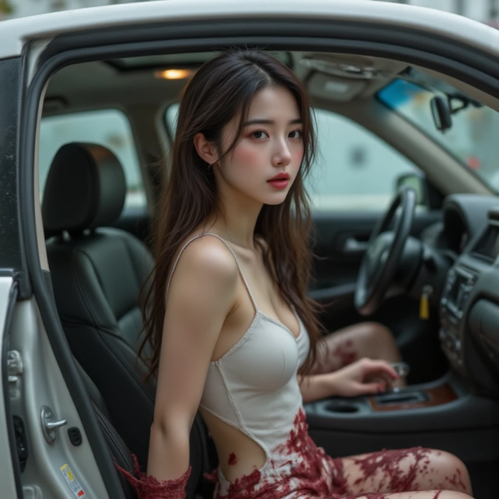 (((best quality))),(((ultra detailed))),(((masterpiece))),illustration,1girl,slim,sun-kissed skin,vibrant rose-pink cotton dress,short ponytail,flat chest,slender legs,pantyhose,sandals, bustling city streets, honking cars,surrounded by crowded crowds, colorful advertisements,grilled skewers,enjoying sights and sounds,(darkened black skin:1.5),upper body