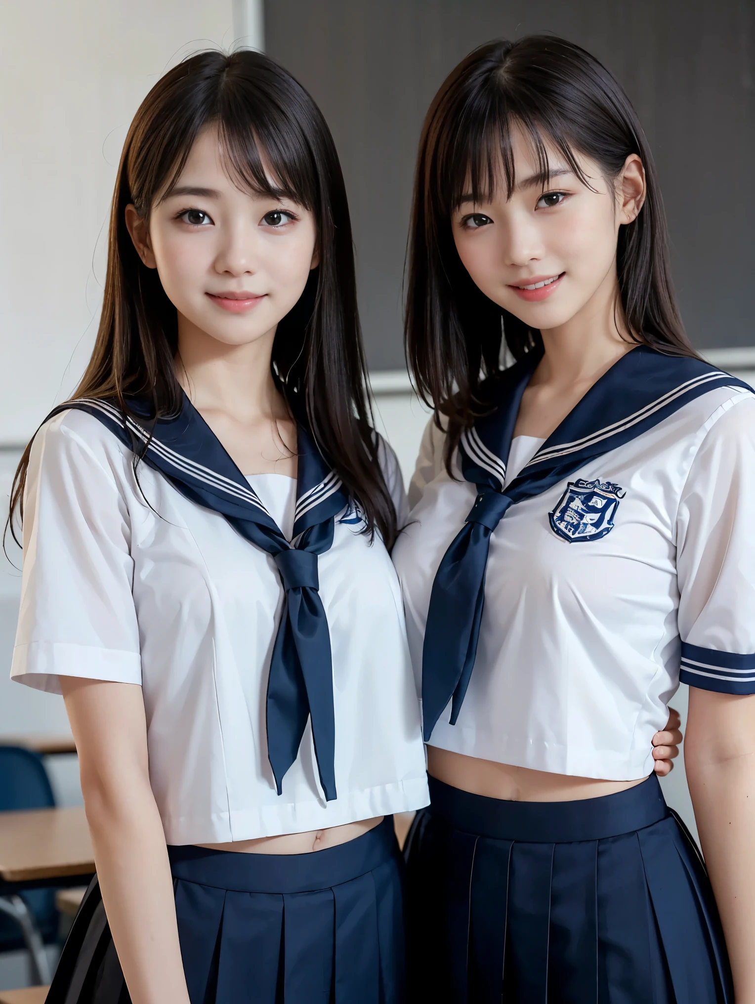((Two girls standing side by side)), ((sailor suit, mini skirt)), (two girls), (((The girl on the right has flat chest:1.5))), ((The girl on the left has large breasts)), (The girl on the left has short hair, The girl on the right has long hair, The girl on the left has a cool expression, the girl on the right has a cute expression:1.2), ((pale skin:1.3)), (smile, baby face:1.3), classroom, classmate, (best quality), realistic, (live-action, complicated details), Natural Skin Texture