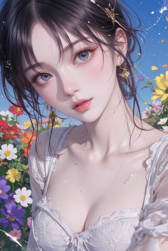 a beautiful girl, hair past shoulders, clear eyes, smooth hair, Exquisite and perfect facial features, The most beautiful big eyes, long eyelashes, Sweet-eyed lying silkworm, pout, dynamic angle, Ultimate picture quality, highest precision, Accurate and perfect human body, necklace, broken to pieces, close up, outdoor, The background is flowers and plants, long shot,