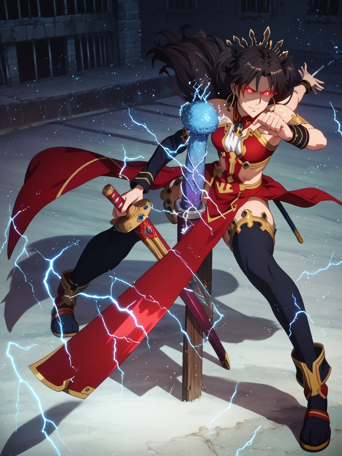score_9, score_8_up, score_8, score_7_up, bouqtm, ishtar_(fate), red_eyes, parted bangs, long_hair, jewelry, earrings, (black_hair:1.2), armlet, crown, two_side_up, small_breasts, hoop_earrings, ribbon, plump, shiny skin, anatomical correct, ((dusty)), Cinematic, UHD, high detailed, ringed eyes, perfect body, Fantasy_eyes, (aura), (Blue aura:1.2), 1girl, weapon, solo, sword, thighhighs, fighting_stance, holding, holding_weapon, sheath, holding_sword, looking_at_viewer, mechanical_arms, single_mechanical_arm, earrings, katana, piercing, glint, ear_piercing, smirk, shaded face, eyes trail, glowing eyes, abandoned building, electricity, fog