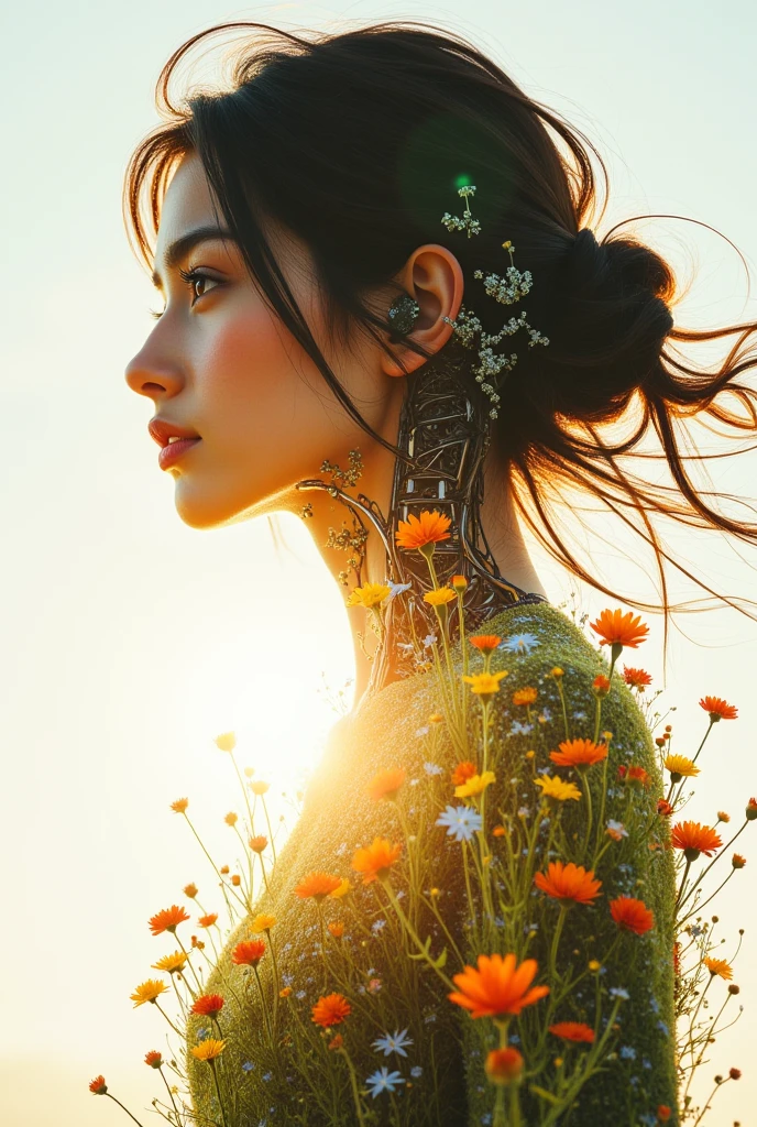 A serene and artistic double exposure image combining a close-up of a female android's silhouette (mechanical body) with flowing hair and a vibrant flower meadow. The meadow is filled with colorful wildflowers under a soft golden sunlight, blending harmoniously with the contours of her mechanical face. The scene should evoke feelings of tranquility and connection to nature, with smooth transitions between the elements. Dreamlike and ethereal lighting, emphasizing a warm and natural color palette, animeart
