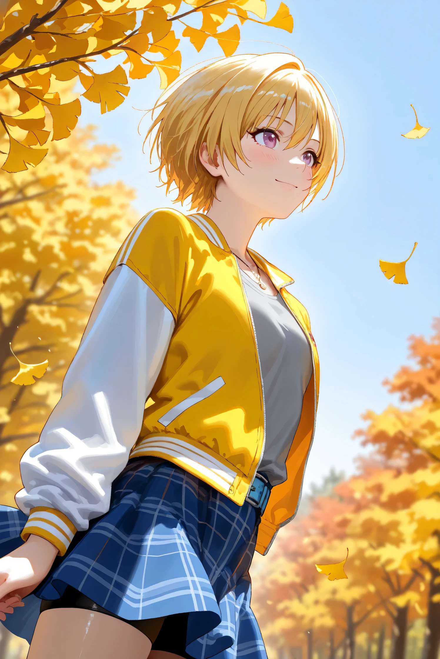 (Masterpiece), (Highest quality), (Very detailed), 
(The best shape), (Best Shadow), (Absurd), 
(Detailed background), (So beautiful), Shiny , 
Beautiful eyes in every detail, Extraordinary, Countershading, 8k, 32K, High resolution, 
Very Detailed CG,

Score_9, Score_8_up, Score_7_up, Source_anime, 
(Pastel painting:1.2), (Watercolor painting:1.2),
(Masterpiece, Detailed:1.2), (Foreshortening:1.2),

Cinematic, Dramatic, (Depth of field:1.4),
(Blurry background:1.4), (Realistic background:1.4),
Dynamic angle, from below, lower body, looking up,
1 girl,
Autumn, Outdoor, Nature, Park, Wind,
Autumn leaves, Ginkgo,
Scenery, Autumnforrestmb, Autumn, Forest, Tree, Nature, Outdoors, Ginkgo tree branch,

Saijo Juri,
the idolmaster shiny colors,
juri saijo, short hair, blonde hair, purple eyes, small breasts,

(Casual wear:1.3), 
T-shirts, (Gray t-shirts:1.3), 
Souvenir jacket, Yellow jacket, (Long sleeves jacket:1.2), White sleeves jacket,
Miniskirt, (blue skirt:1.2), Checkered skirt, 
Belt, blue belt, bike shorts,
Necklace,

Focus on face, Portrait, (Close up shot:1.2),
(Blush:1.3), Smile, Happy,
Realistic skin, Shiny skin,