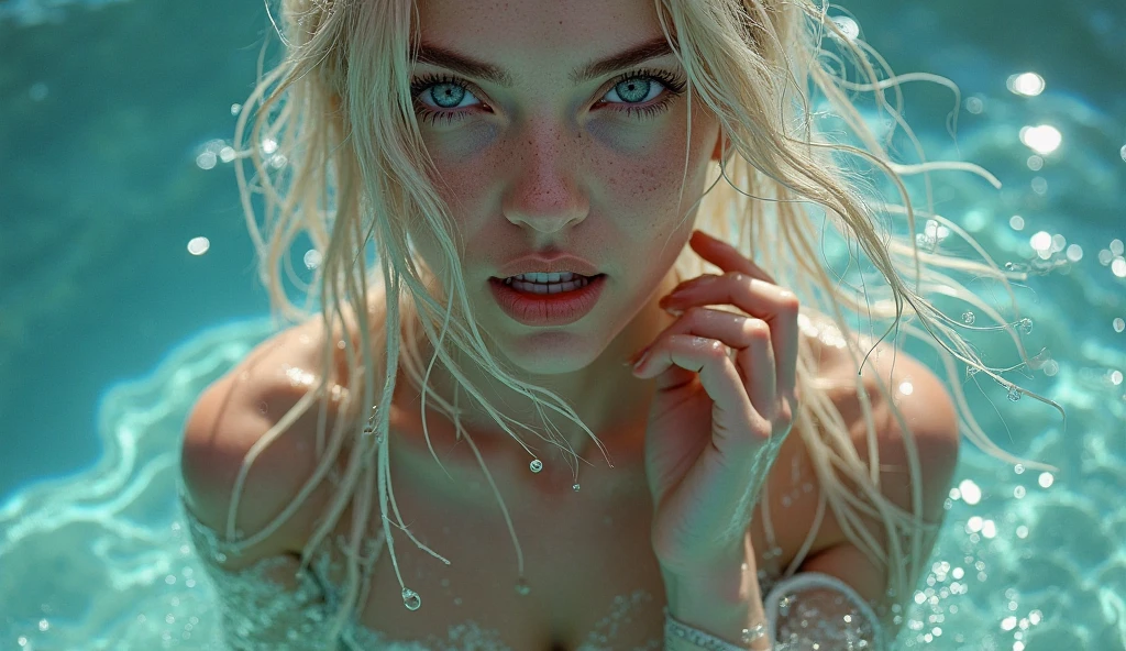 A REALISTIC, full-body image of female laurence bedard, Age 20 dressed in wet cropped T-shirt and ripped jeans. perfect-eyes, captivating-gaze, perfect-lips, perfect-anatomy, stunningly-beautiful, high-saturation, 35mm-raw-photo. She has blue eyes and a grey-dark-roots hair style. And is in a garden, And she is lying on a lounger sunbathing