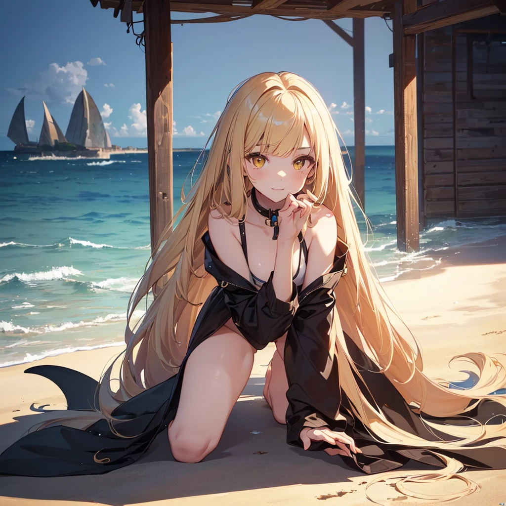 Mordred pendragon, en la playa, desnuda, tocando un pene negro con sus pies.