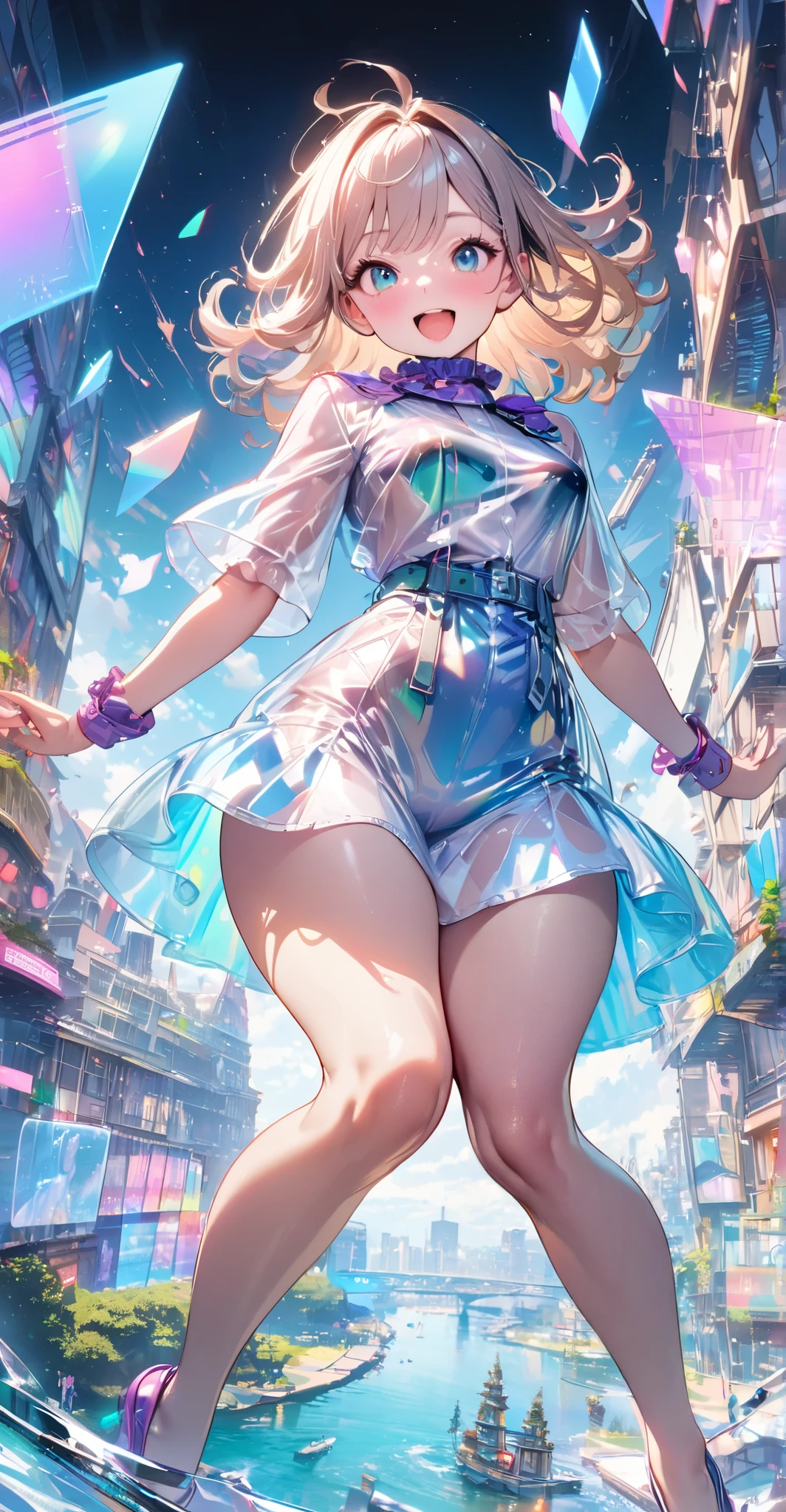 Amidst a neon-lit cityscape, seen from a busy intersection, the translucent-skinned Giantess Goddess with multi-colored eyes moves with ethereal grace in a glowing, holographic dress. Normal-sized humans are caught in her path, their cries of pain and fear only fueling her otherworldly delight. Each step crushes everything in her way, and the city is reduced to chaos beneath her feet.