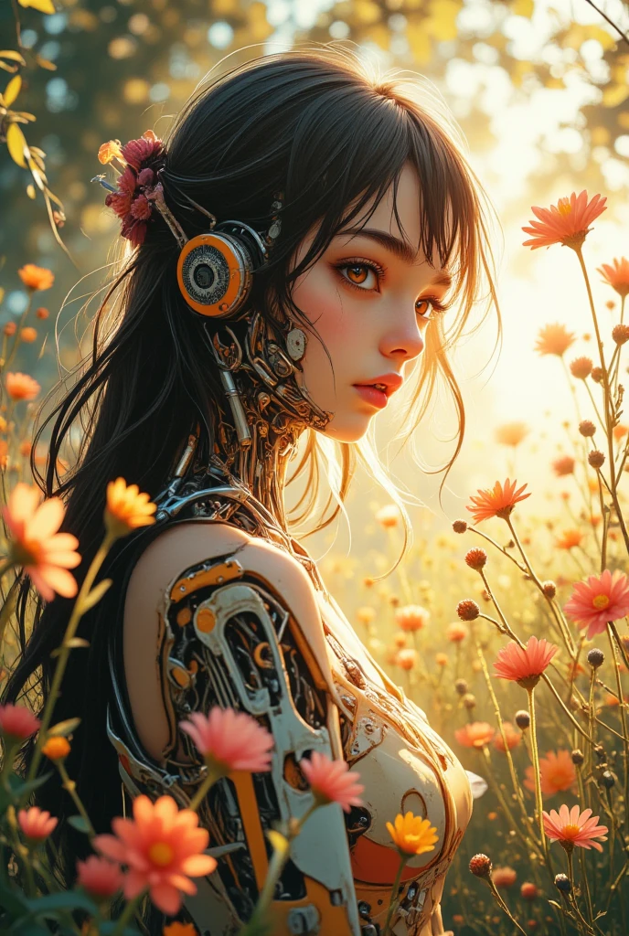 A serene and artistic double exposure image combining a close-up of a female android's silhouette (mechanical body) with flowing hair and a vibrant flower meadow. The meadow is filled with colorful wildflowers under a soft golden sunlight, blending harmoniously with the contours of her mechanical face. The scene should evoke feelings of tranquility and connection to nature, with smooth transitions between the elements. Dreamlike and ethereal lighting, emphasizing a warm and natural color palette, animeart