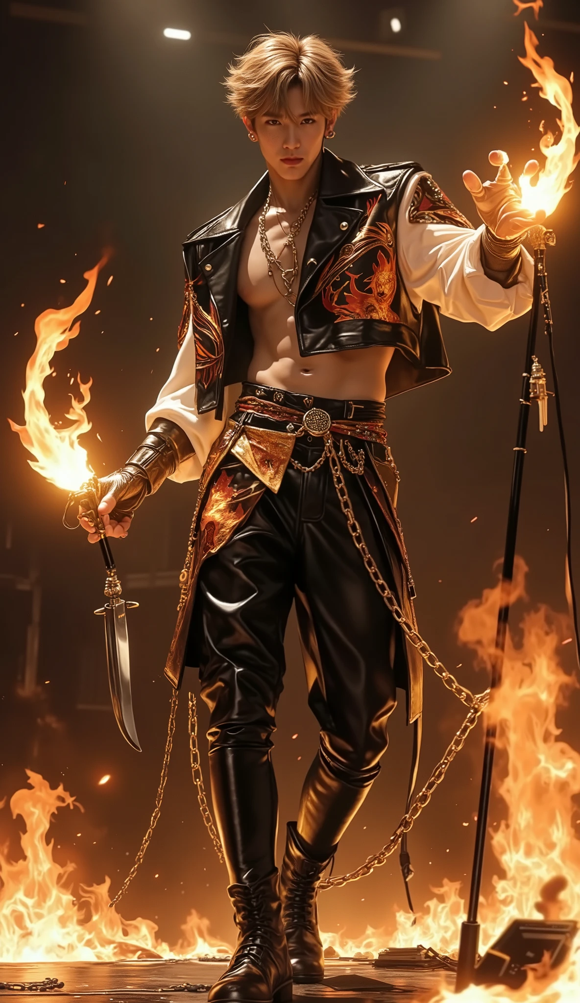 "Scorpion from Mortal Kombat reimagined as a charismatic K-pop male idol, standing on a sleek, high-tech concert stage with fiery orange and black lighting. He wears a stylish, modern reinterpretation of his original ninja outfit: a black and gold outfit with leather accents, cropped jacket with flame patterns, layered chains, fitted pants, and combat boots. His microphone is custom-designed with glowing fire motifs and a small kunai blade detail hanging like a charm. His face is uncovered, revealing a sharp, handsome jawline, intense eyes, and tousled dark-blonde hair with golden highlights. He performs with a fiery, intense stage presence, dramatic choreography, and pyrotechnic effects around him. K-pop bad boy concept, ultra-detailed, moody lighting, cinematic style."
