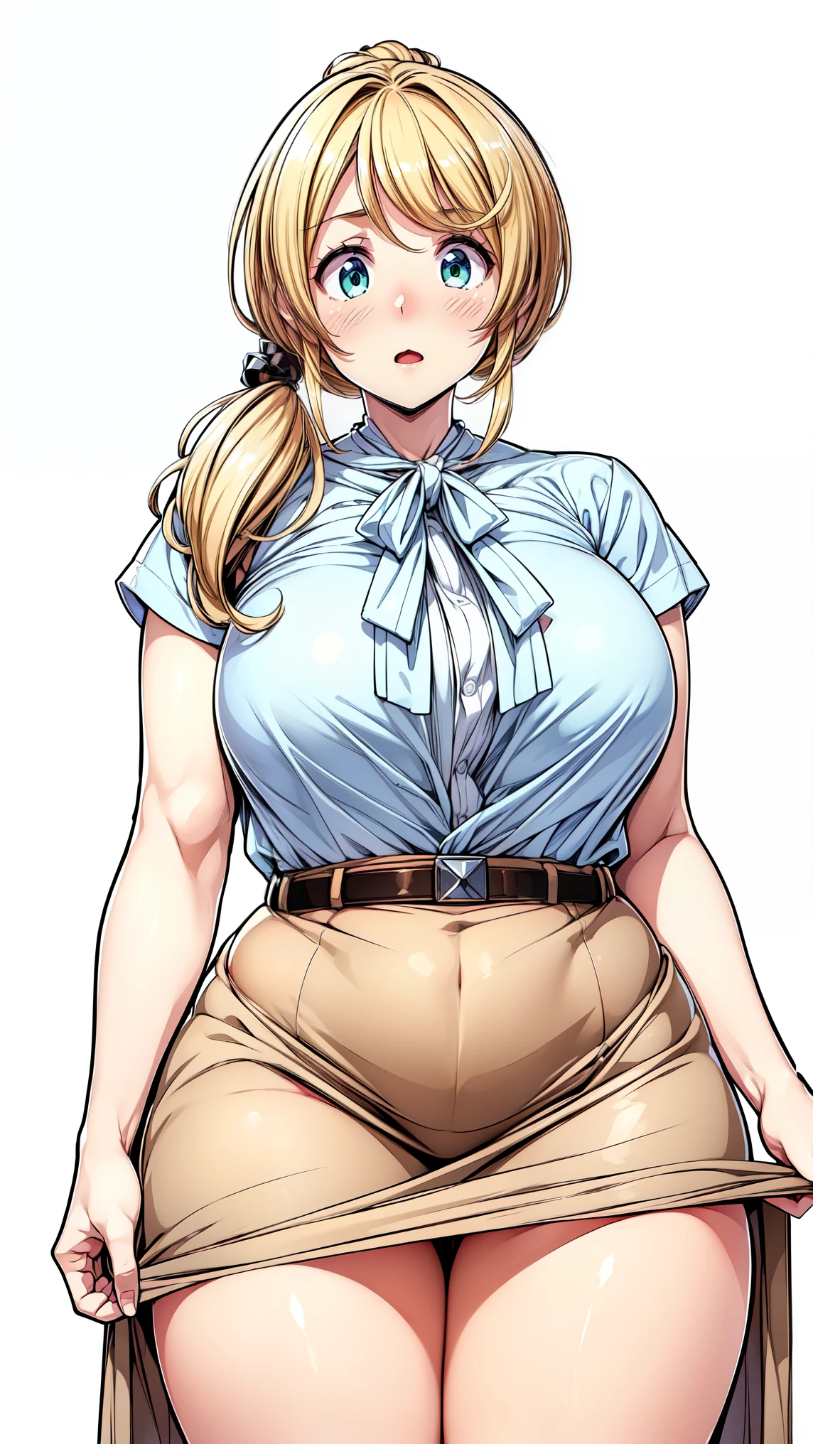 (very detailed CG,Top Quality,8k, masterpiece: 1.3),SUPER DETAILS, Ultra Fine , ((simple white background)), Ellen Baker, The girl on the left has no breasts(teacher),22 years old,green eyes, watch, hair(blonde,length,loose side tail), skin( twinkle in both armpits, oily), (white sheer blouse),( light blue cardigan ), ( Light brown mini skirt ), ( cute pink panties standing evenly centered), (thin:1.4), (very small breasts), (thin waist:1.4), ( wide waist), (( plump thighs , Thighs)), Plus Size Model, suffering, open your mouth, Chest , Gap Button , (from the side:0.9),