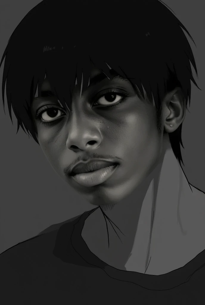 dark boy, with dark skin, marked lips and square features short black hair with a structural body