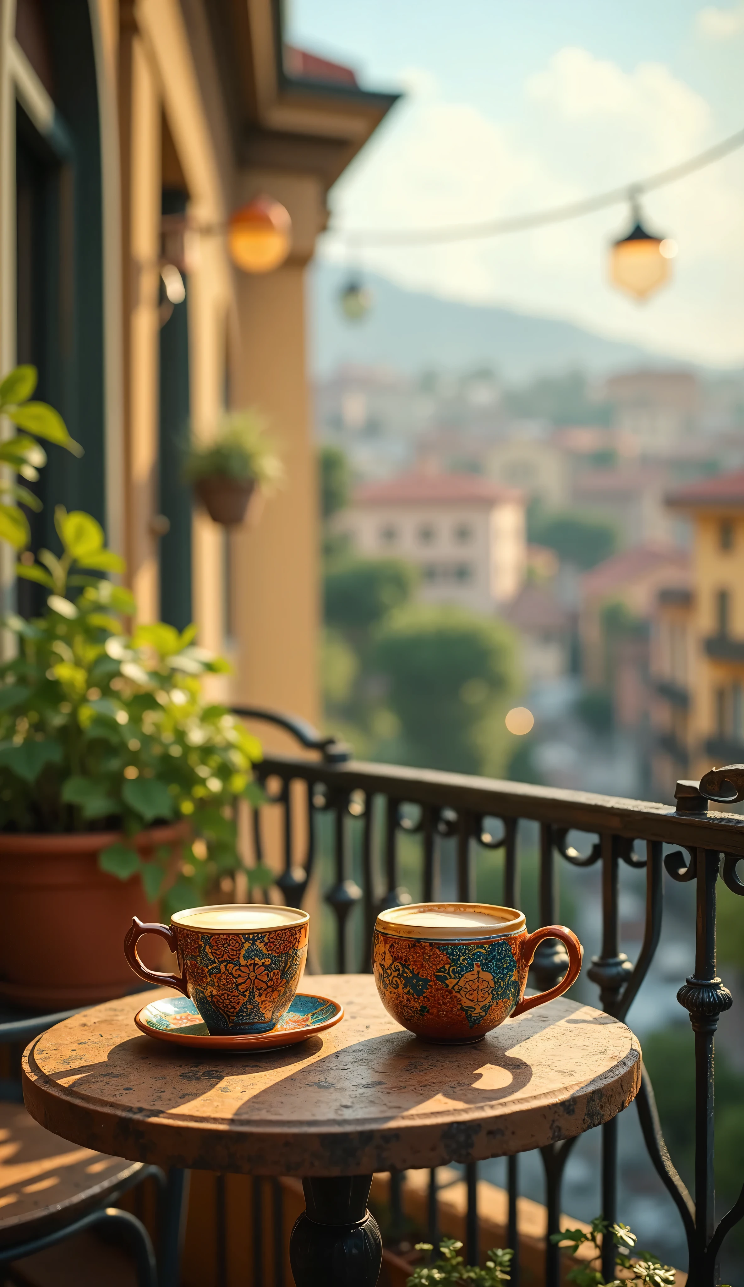 Authentic artistic balcony pictures and coffee cups