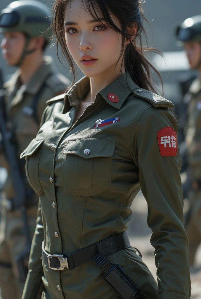Very detailed CG unity 8K wallpaper，（tmasterpiece），（best qualtiy），（ultra - detailed），（Ultra photo realsisim），（best character detail：1.36），Nikon D750 f / 1.4 55mm，profesional lighting， physically-based renderingt, 1girll, Female soldier，army suit，Green military uniform，Long-sleeved military uniform，Fabric texture military uniform，The outer garment is lined with a plain white shirt，Dark green tie，Army green skirt，military hat，Black hair，the golden ratio,[:(com rosto detalhado:1.2):0.2]:,PureErosFace_V1, broad shoulder,(A plump chest:1.5),(Bigchest:1.5),(big assa:1.5)，Wide buttock ，Bare legged，Plump legs，whitestocking，without wearing shoes，Soaked with sweat，red flags，on a grassy field，bright sun，Bright smile，White teeth，lighting，Contre-Jour，