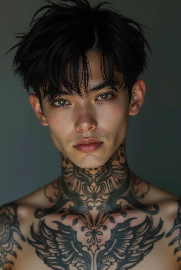 Masterpiece, detailed, 8k, a delicate and graceful portrait of a young handsome indonesian male, shirtless, black hair, beautiful eyes, super detailed face, hairy armpits, tanned skin, dramatic lighting, fierce expression, full dragon tattooes on his chest 