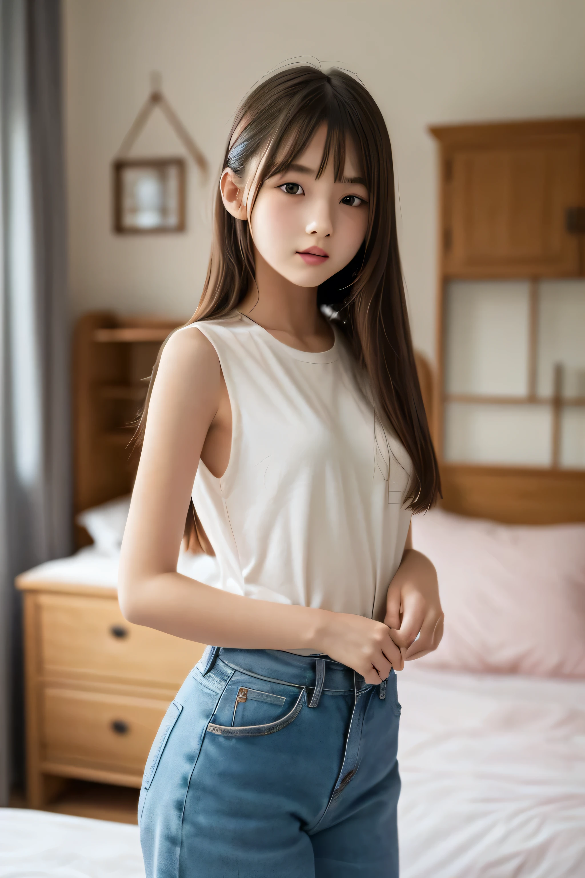 (masterpiece), (Highest quality), (High resolution),Realistic skin texture, Perfect Face, Realistic, Perfect hands, Perfect finger count, Japanese, Girl, (13 years old), Big Eyes, Brown eyes, Brown Hair, bangs, Twin tails, Hair Ribbon, Small face, smile, , ((Short camisole, Low-rise shorts, stockings)), Cute standing pose, classroom
