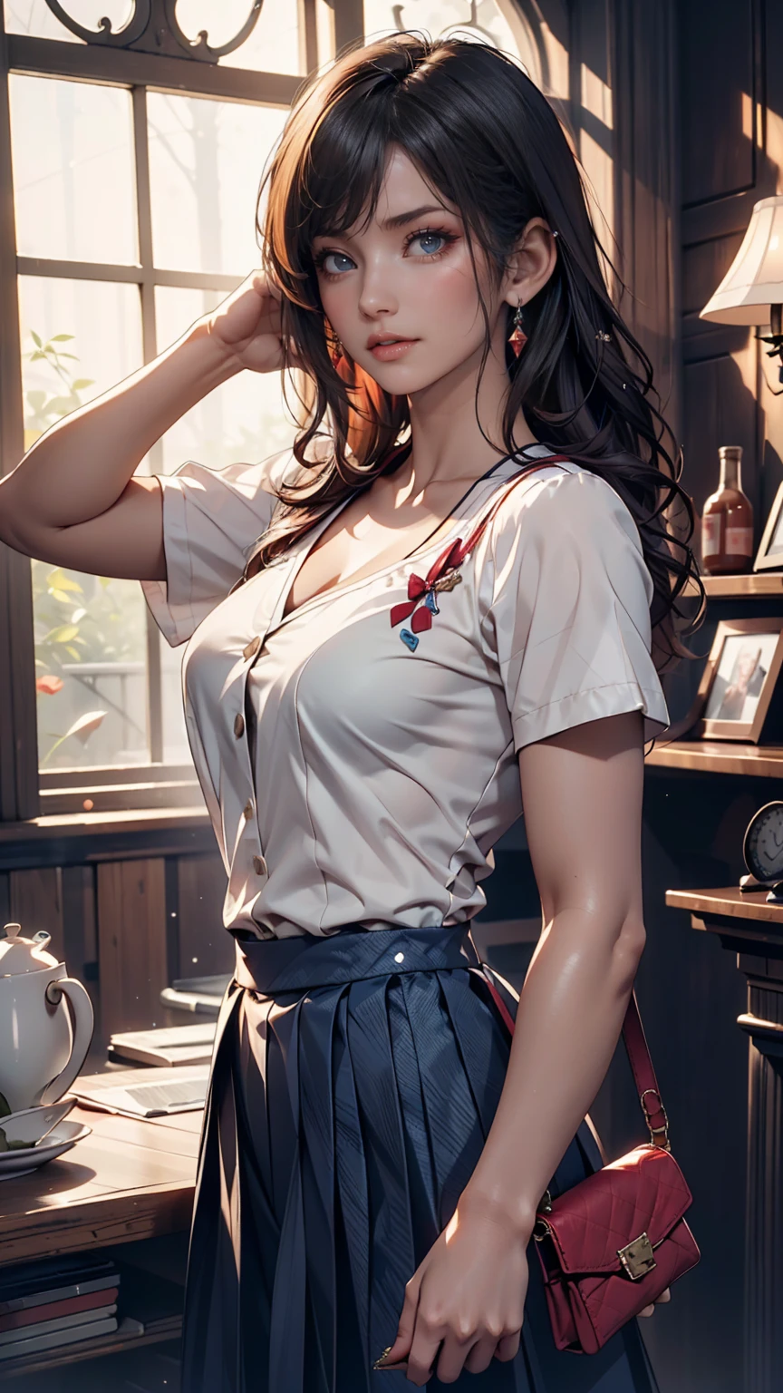 ((8K, Best Quality, Ultra High Resolution, masutepiece, Photorealistic:1.3)), Japan Arafe Woman, Big breasts, Hamburger clerk woman in red and yellow uniform、Sun visor、a miniskirt、Good Style、pigTail brown , Very short pleated skirt that fit her wide and sensual hips, Wearing a fitted and unbuttoned red shirt with a deep neckline, Sharpen the face, sharpen image, Enhanced definition of edges in images, Enhanced colors in images, Gorgeous 21 year old puerto rican woman with long pigtails,8k high quality detailed art, Sensual lighting in 8K, stunning cgsociety, pin up art, [ Trending on CGSociety ]!!