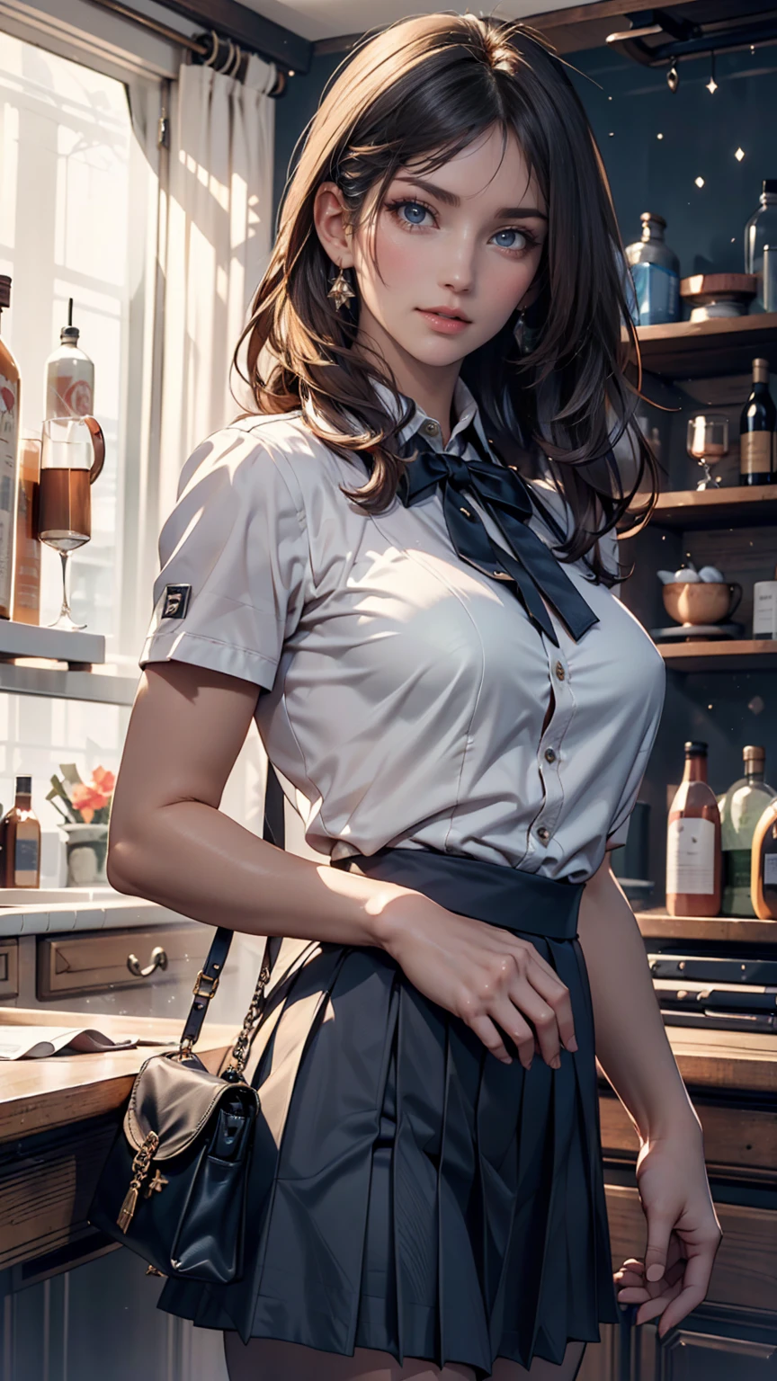 ((Women in crop top waitress button shirt)), dress properly, showing navel, (bow on the chest), show belly, holding dishes, realistic navel shape 