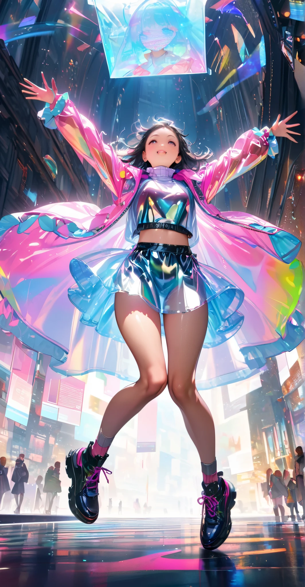 (Highest quality:1.2),One girl,alone,Are standing_Split,whole body, Photo of a Japanese woman in her twenties made of shiny white and silver translucent glass and plastic, Geisha makeup and hairstyle, Silver metal interior, Dynamic pose, Flow organic structure, A sparkling golden circuit, colorful Neon decoration, Light emitting circuit, Neon decoration, Depth of Field Focus F/2.8, H&#39;art.right. liver, Greg rightutowski