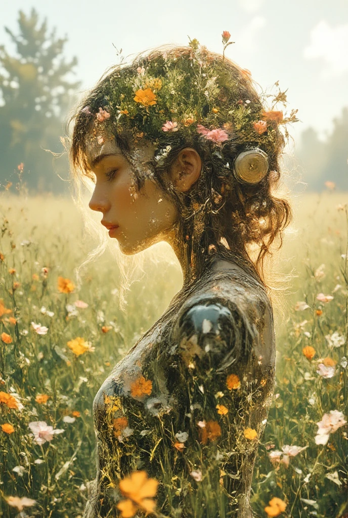 A serene and artistic double exposure image combining a close-up of a female android's silhouette (mechanical body) with flowing hair and a vibrant flower meadow. The meadow is filled with colorful wildflowers under a soft golden sunlight, blending harmoniously with the contours of her mechanical face. The scene should evoke feelings of tranquility and connection to nature, with smooth transitions between the elements. Dreamlike and ethereal lighting, emphasizing a warm and natural color palette, animeart