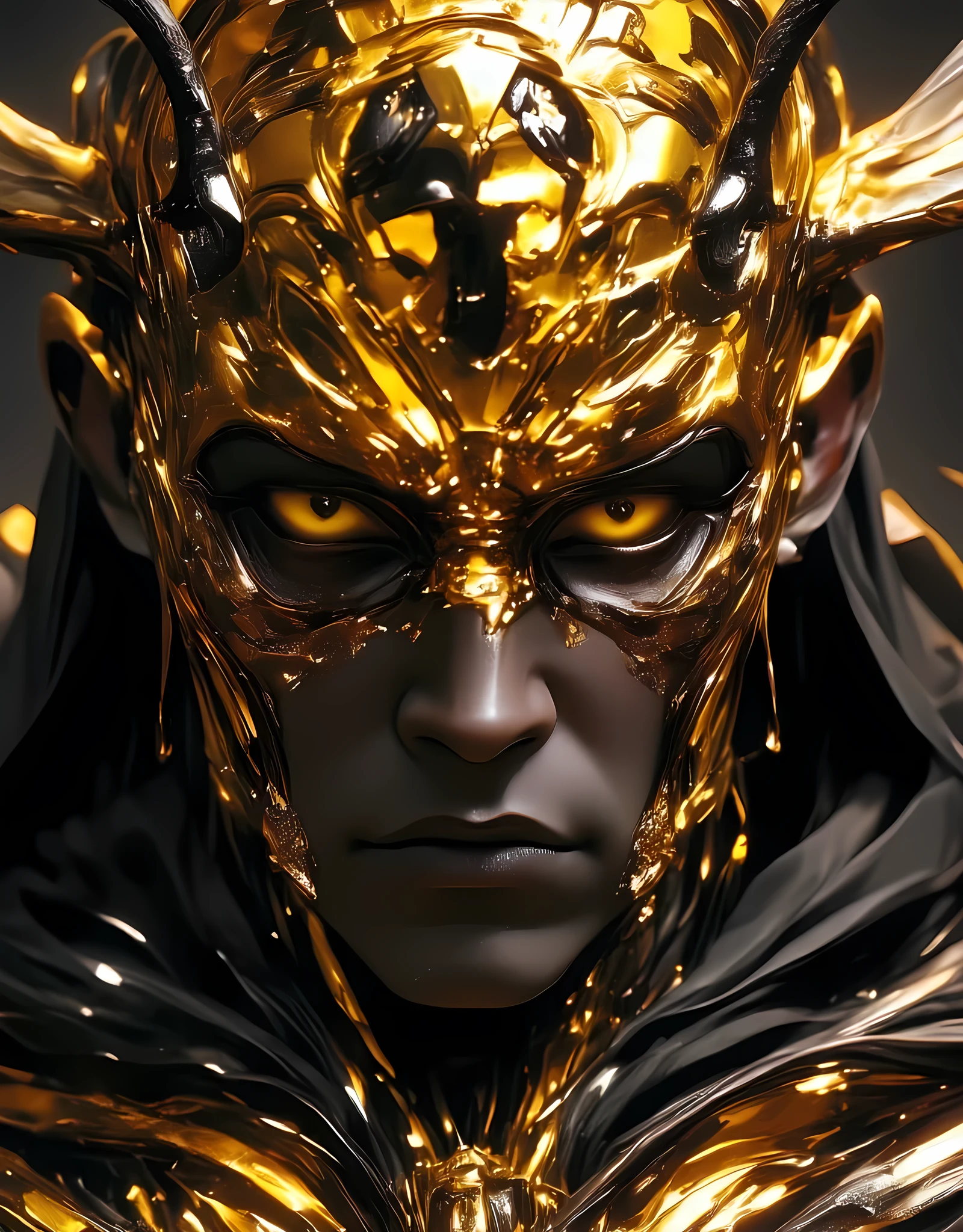 Score_9, score_8_up, score_7_up, (((intricate design))) (((professional portrait))) (((clear focus))) (((32k UHD Resolution))) (((photorealistic))) (((hyper-detail))) (((masterpiece))), dark fantasy, Unreal Engine Rendering, Octane Rendering, Global illumination, beautiful landscapes, epic landscapes, ultra detailed face, high detailed eyes, detailed iris eyes, highly detailed glowing yellow eyes (white sclera) black pupils, perfectly detailed anatomy, low contrast, (((Volumetric lighting))) (((cinematic lighting))) (((1male))) (((abs))) ((tall muscular man male humanoid)) (((cleavage))) bald, humanoid yellow skin, bee anatomy, deity, god of honey bees, humanoid black & yellow skin tone, yellow hue, powerful humanoid appearance, compound eyes, stinger, abdomen, wings, elf ears, glossy skin, mandibles, Antenna, (((homoerotic))) ((male muscular stripe black & yellow humanoid insect honey bee)) (((yellow skin))), (((black skin))) oily skin (((armor made from woven leaves and bark)))