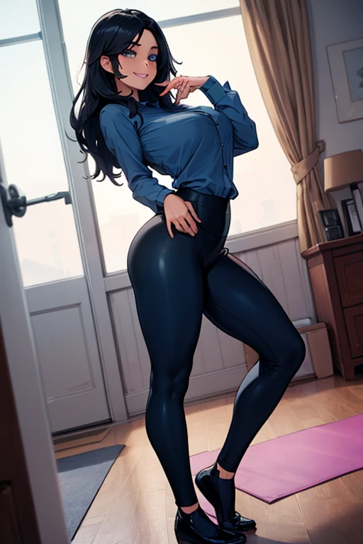 mujer encantadora, warm smile, standing split yoga pants, cameltoe