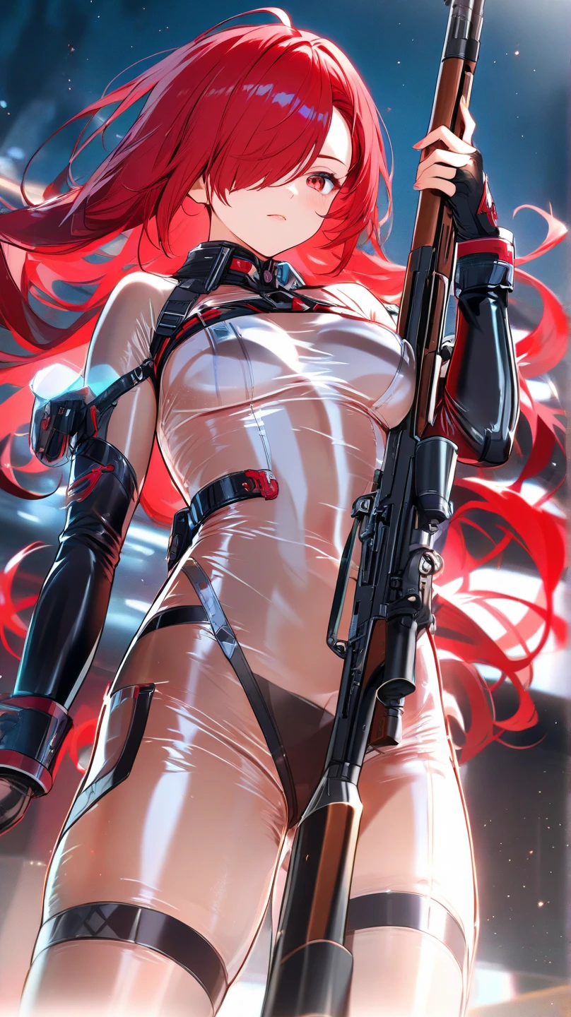 "A detailed 3D Render of a Yoko Littner dressed as a space ranger, Shooting A Sniper Rifle Lying down in an extraterrestrial landscape adorned with vibrant, otherworldly flowers, Space ship Wreks. Science fiction wonderland, imaginative, space adventure.",More Detail,,Yoko Littner,yl1, ponytail, scarf, bikini top only, short shorts, midriff, belt, fingerless gloves, hair ornament, elbow gloves, thighhighs