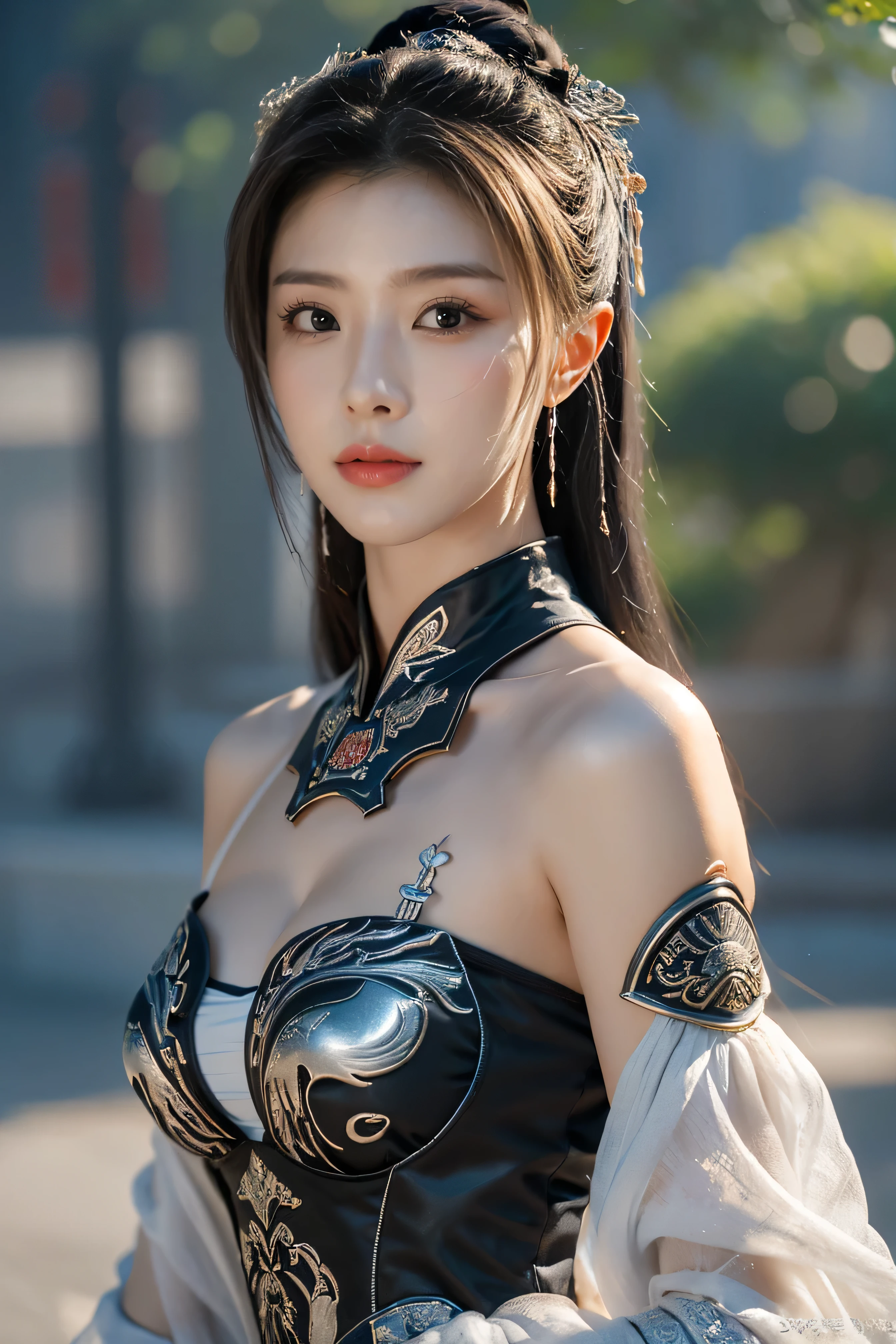 Masterpiece,Game art,The best picture quality,Highest resolution,8K,(Portrait),Unreal Engine 5 rendering works,(Digital Photography),((Portrait Feature:1.5)),
20 year old girl,Short hair details,With long bangs,(The red eye makeup is very meticulous),(With long gray hair:1.4),(Large, full breasts),Elegant and noble,Brave and charming,
(Future armor combined with the characteristics of ancient Chinese armor,Hollow design,Power Armor,The mysterious Eastern runes,A delicate dress pattern,A flash of magic),Warrior of the future,Cyberpunk figures,Background of war,
Movie lights,Ray tracing,Game CG,((3D Unreal Engine)),OC rendering reflection pattern