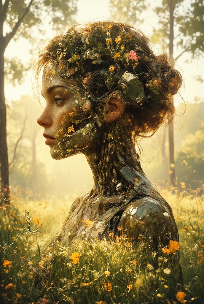 A serene and artistic double exposure image combining a close-up of a female android's silhouette (mechanical body) with flowing hair and a vibrant flower meadow. The meadow is filled with colorful wildflowers under a soft golden sunlight, blending harmoniously with the contours of her mechanical face. The scene should evoke feelings of tranquility and connection to nature, with smooth transitions between the elements. Dreamlike and ethereal lighting, emphasizing a warm and natural color palette, animeart
