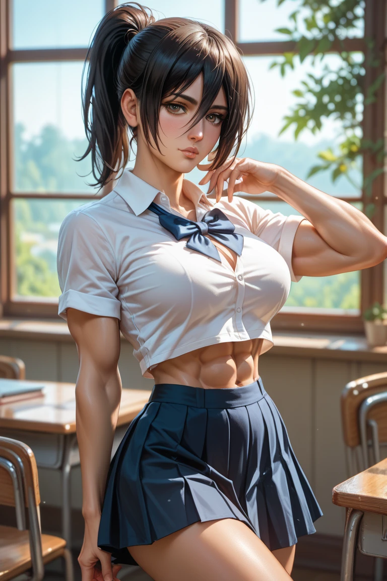 Muscular busty teen young Jenna Ortega, school girl, huge strong biceps, tonned strong abs, huge round boobs, enormous firm tits, hyper muscular, bodybuilder muscles, bursting in strength, large hips, japanese tie uniform clothes, black uniform, wednesday adams, blonde braids