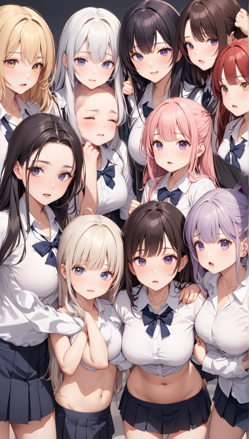 Group of 10 year old females(Black Hair、Flat Chest)and a 33-year-old female teacher(Silver Hair、mature)、Highest quality、Frightened by fear、Nipples、pubic hair、Group photo of everyone、classroom、peace sign