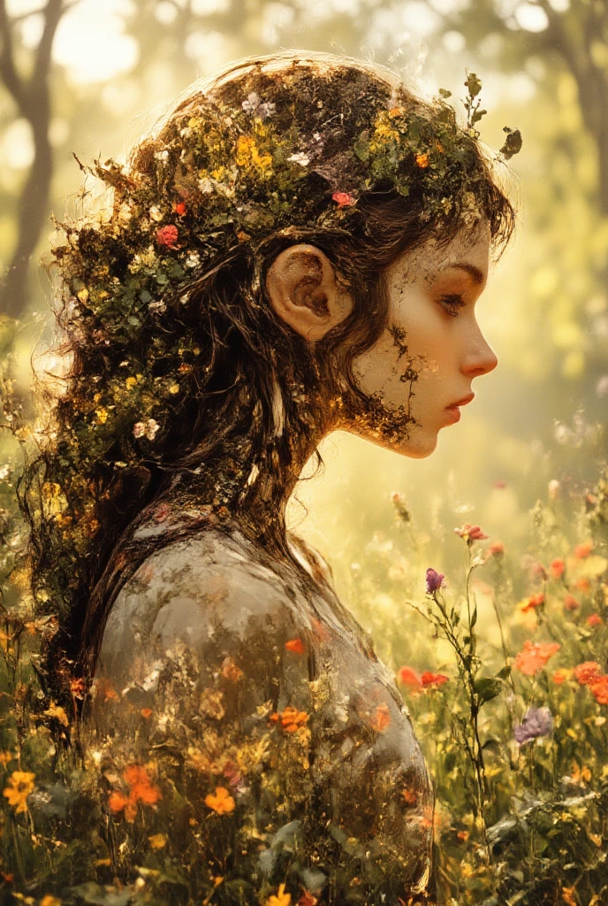 A serene and artistic double exposure image combining a close-up of a female android's silhouette (mechanical body) with flowing hair and a vibrant flower meadow. The meadow is filled with colorful wildflowers under a soft golden sunlight, blending harmoniously with the contours of her mechanical face. The scene should evoke feelings of tranquility and connection to nature, with smooth transitions between the elements. Dreamlike and ethereal lighting, emphasizing a warm and natural color palette, animeart