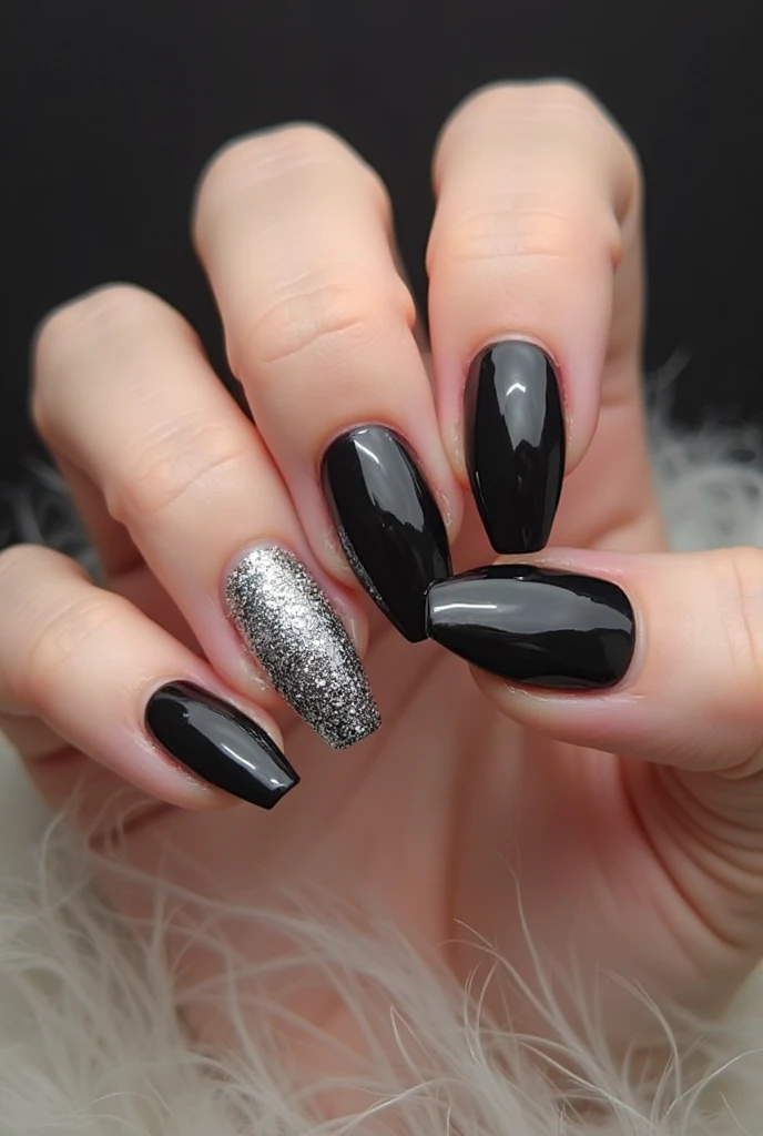 Black nails with white figures and glitter