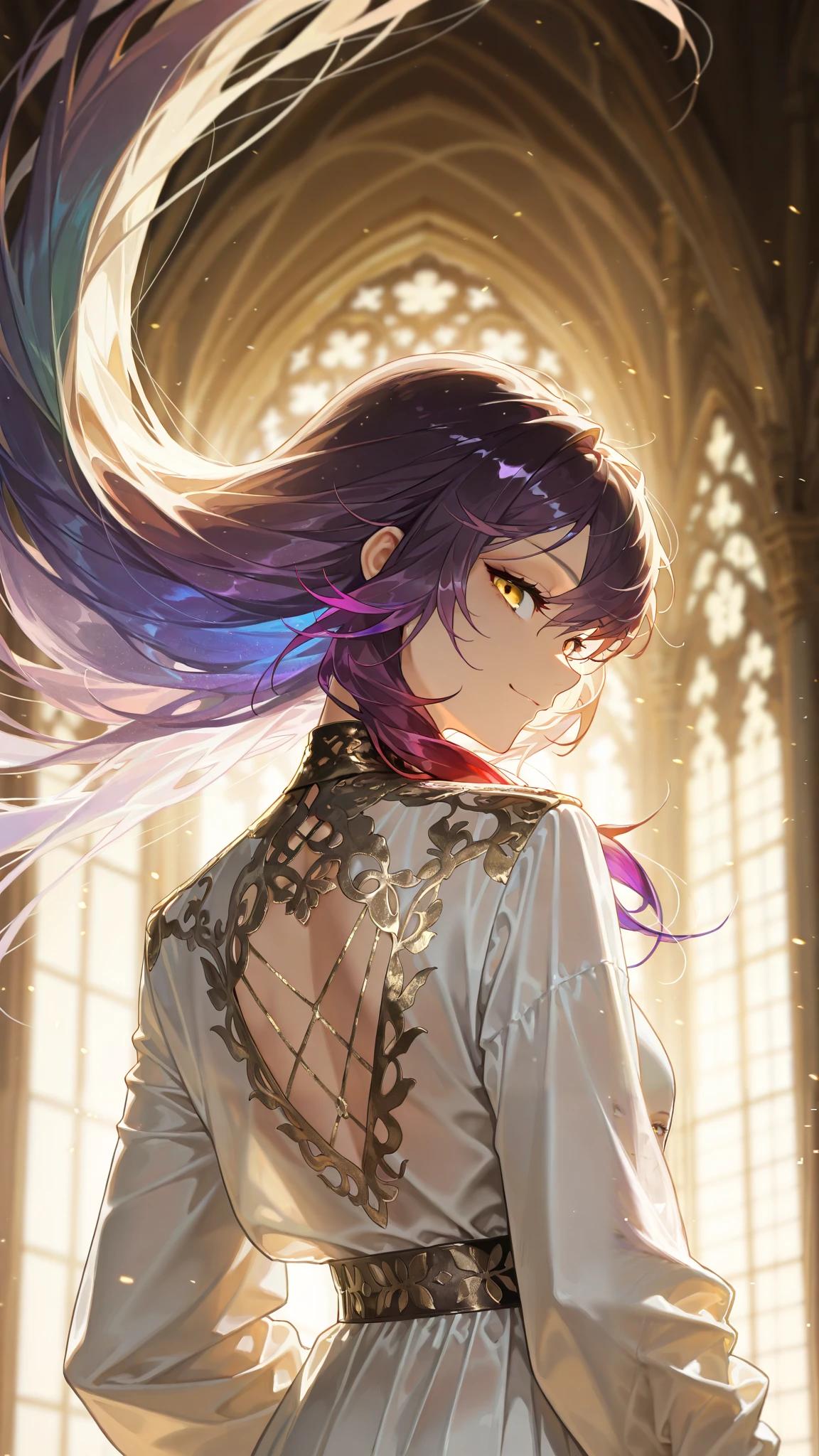 by [arknights|(748cmstyle:0.5)], god rays, cinematic shot, mature, young adult, masterpiece, best quality, amazing quality, very aesthetic, high resolution, ultra-detailed, absurdres,
1girl, woman, solo, alone,(dynamic pose, side eye, looking over her shoulder, looking at viewer, rear shot, side shot, upper body focus, action shot, three quarter view, close up, medium shot:1.2), (translucent hair, rainbow hair, gradient hair, very long hair, ethereal hair:1.22),smirk, cocky smile, purple hair, golden eyes, ornate dress, streetwear, white modern jacket with red accents,  novuschroma79 style, glitch art photo
BREAK, depth of field, volumetric lighting
 