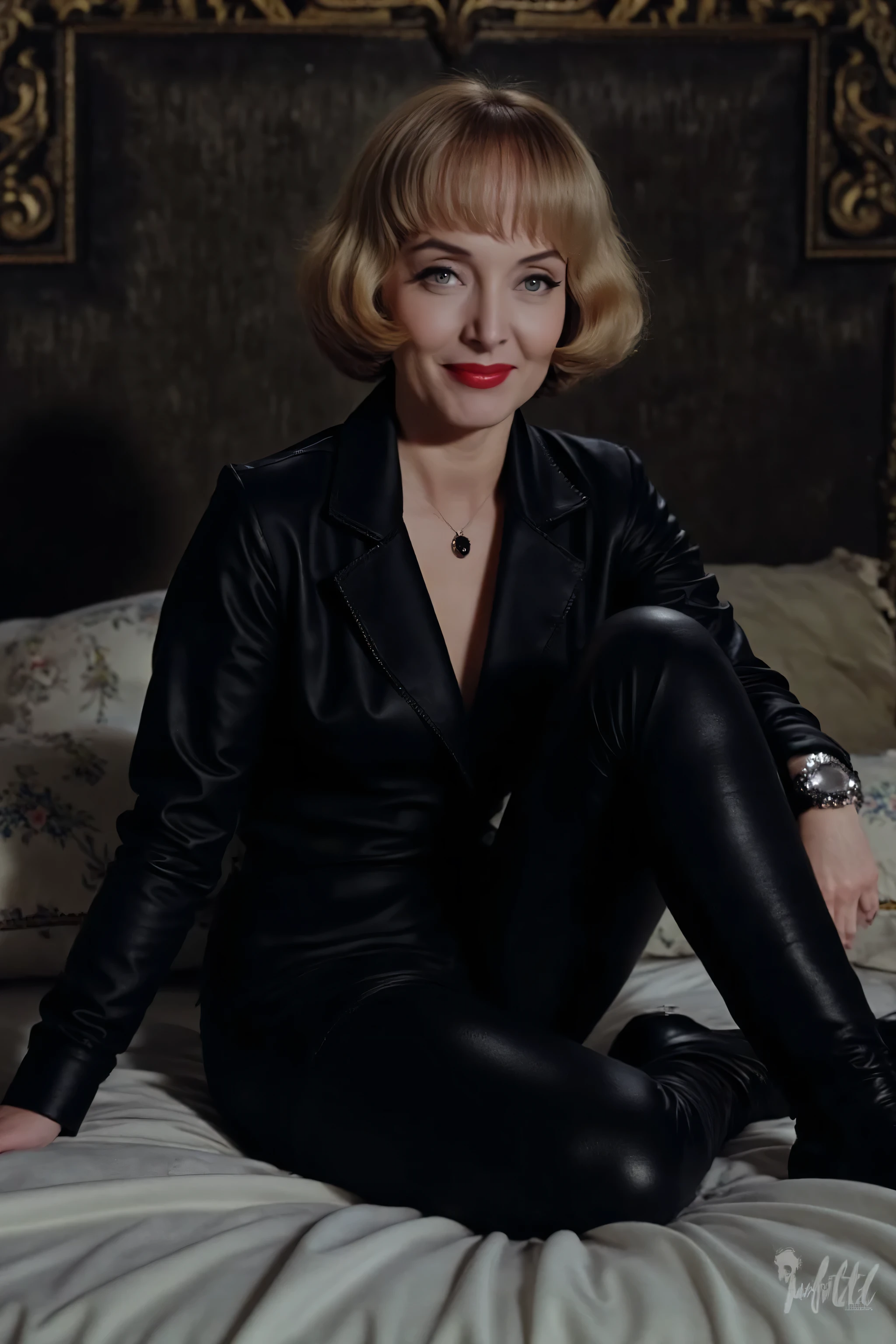 head to toe picture shot of villainess marsha queen of diamonds (batman villain); wholesome, looks like the girl next door, very fit, muscular, trim, wearing a black leather suit jacket (tight fitting), black leather pants, with black leather knee high boots, wearing long black leather opera gloves, mostly blonde black short hair, laying on a bed, 8k, high definition, visible cleavage, smiling, happy, hyper realistic, HD. Photograph, ((realism)), extremely high quality RAW photograph, ultra detailed photograph, sharp focus, high resolution, (detailed skin:1,3),high quality, film grain, Fujifilm XT3,Highly Detailed, movie, (Cinematic Photo:1.3) of (Realistic:1.3)Epic realistic image depicting the beautiful age.