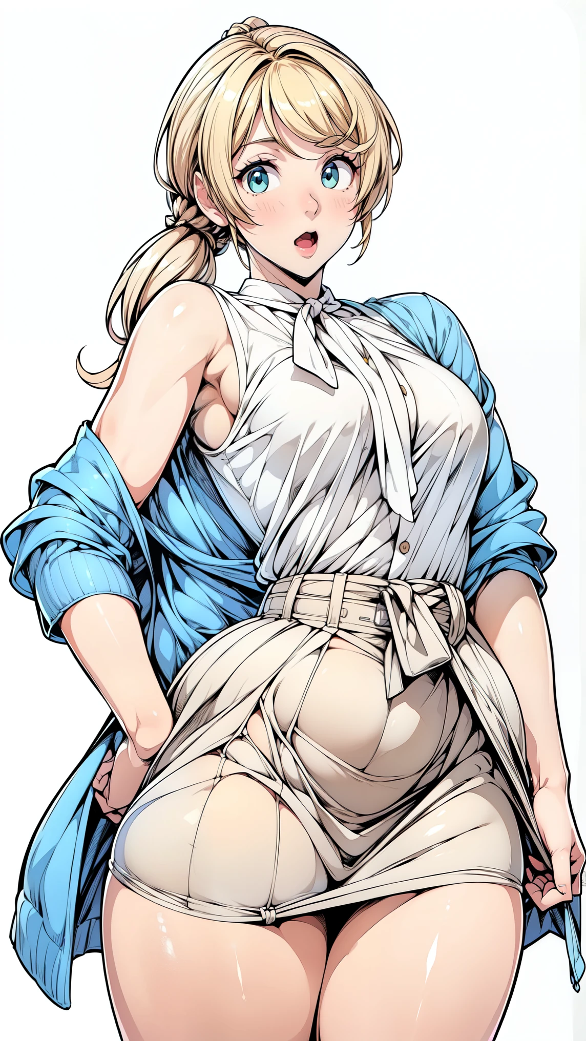 (very detailed CG,Top Quality,8k, masterpiece: 1.3),SUPER DETAILS, Ultra Fine , ((simple white background)), Ellen Baker, The girl on the left has no breasts(teacher),22 years old,green eyes, watch, hair(blonde,length,loose side tail), skin( twinkle in both armpits, oily), (white sheer blouse),( light blue cardigan ), ( Light brown mini skirt ), ( cute pink panties standing evenly centered), (thin:1.4), (very small breasts), (thin waist:1.4), ( wide waist), (( plump thighs , Thighs)), Plus Size Model, suffering, open your mouth, Chest , Gap Button , (from the side:0.9),