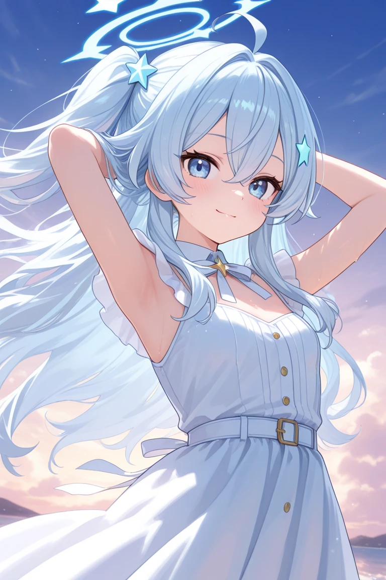 Anime, solo, 1woman, cover magazine, half body potrait, upper body, woman, angel, wings, blue sky hair, light blue hair, smile, blue grey hair, Whitish blue hair, silver eye, white eye, solo, one woman, Partially braided hair, Beautiful and cute, white Lily