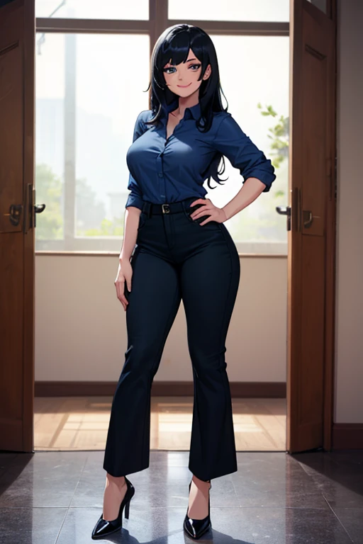 (masterpiece, perfect quality:1.2), beautiful detailed. cute face, short, , medium black hair, black hair over one eye, glasses, long sleeve shirt, black jeans, pear shape wide hips, thick thighs, solo,