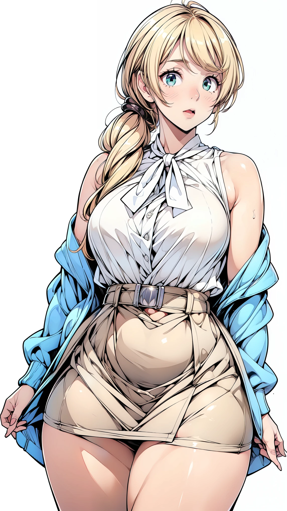 (very detailed CG,Top Quality,8k, masterpiece: 1.3),SUPER DETAILS, Ultra Fine , ((simple white background)), Ellen Baker, The girl on the left has no breasts(teacher),22 years old,green eyes, watch, hair(blonde,length,loose side tail), skin( twinkle in both armpits, oily), (white sheer blouse),( light blue cardigan ), ( Light brown mini skirt ), ( cute pink panties standing evenly centered), (thin:1.4), (very small breasts), (thin waist:1.4), ( wide waist), (( plump thighs , Thighs)), Plus Size Model, suffering, open your mouth, Chest , Gap Button , (from the side:0.9),