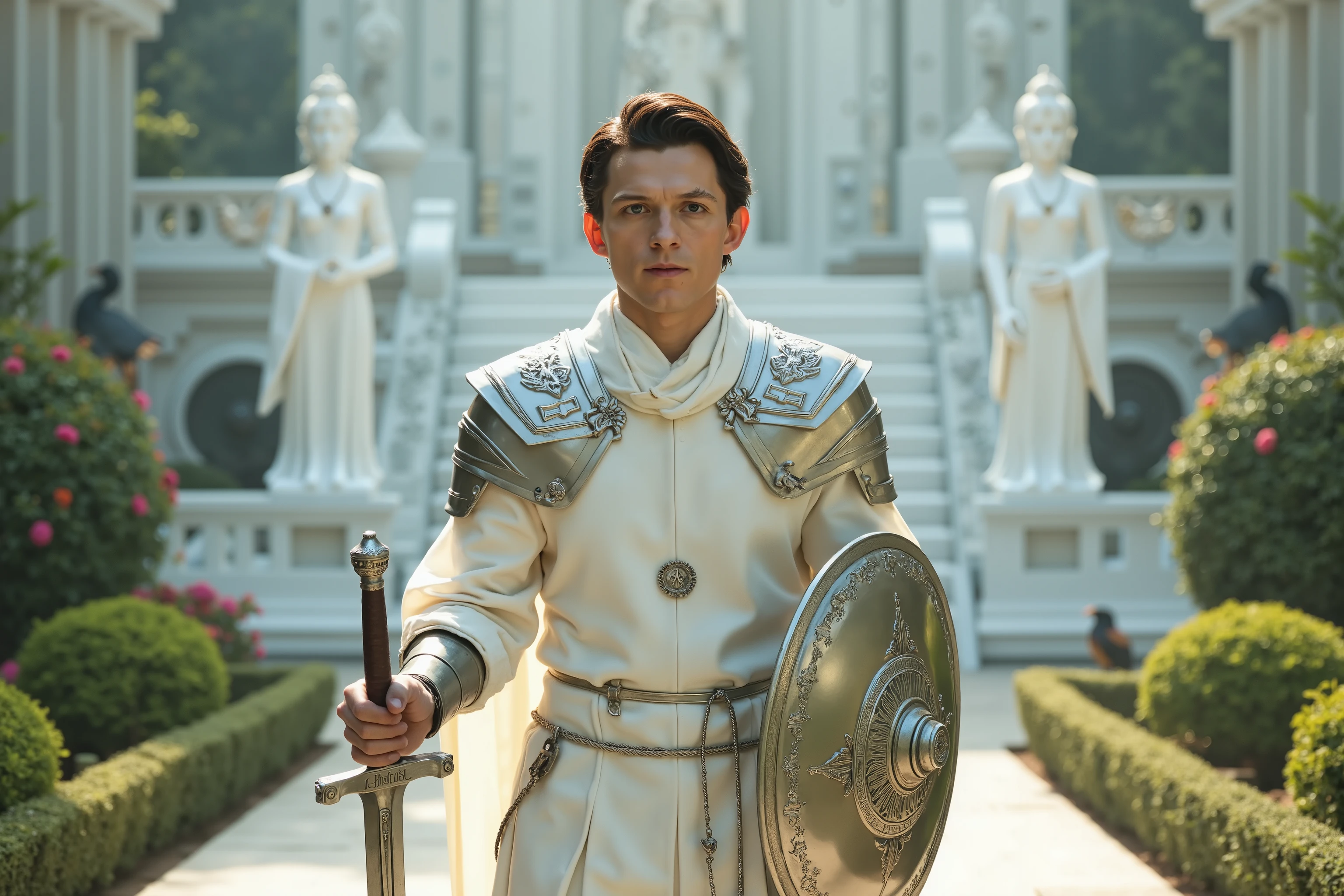 Tom Holland reimagined as the embodiment of Jainism in the form of a serene and ascetic medieval knight, walking through a temple garden of silence and light, dramatic atmosphere, 1 male

Short, clean dark hair beneath a thin white circlet made of ivory and crystal, adorned with the Jain symbol of the open palm and wheel of dharma. His blue eyes are peaceful and introspective, reflecting absolute non-violence and inner liberation.

His armor is minimalist, crafted of matte white and pale silver plates with flowing lines, designed more for symbolism than battle. Subtle engravings of lotuses, peacocks, and the syllable "Ahimsa" run across his chestplate. Over it, a translucent white robe flows like spiritual light, clasped at the shoulders by pure crystal fasteners.

In his right hand, he gently holds a ceremonial white-bladed sword, engraved with the word “Ahimsa” along its length — symbolic of self-discipline, not aggression. In his left, a small round shield made of polished silver and white jade, inscribed with the open palm symbol and delicate floral patterns.

His lower armor consists of pale greaves inlaid with sacred geometry, over soft cloth boots designed for silent steps. A white sash wraps around his waist, from which hang prayer beads and scrolls containing Jain texts. A lightweight white hood is draped over his back, reminiscent of monastic robes.

His posture is calm and upright — a guardian of peace, not a bringer of war. Light surrounds him like a halo.

The background shows a pristine white marble Jain temple surrounded by flowering trees and sacred steps. Birds rest on temple spires, and gentle wind stirs prayer flags bearing peaceful symbols.

Shows his full figure, calm and weightless presence, ethereal body, full body, spiritual and ascetic Jain knight with ceremonial sword and shield

Photorealistic, masterpiece, realistic, high contrast, 8k, HD, high definition detailed, hyper detailed, realistic skin texture, best quality, ultra high resolu