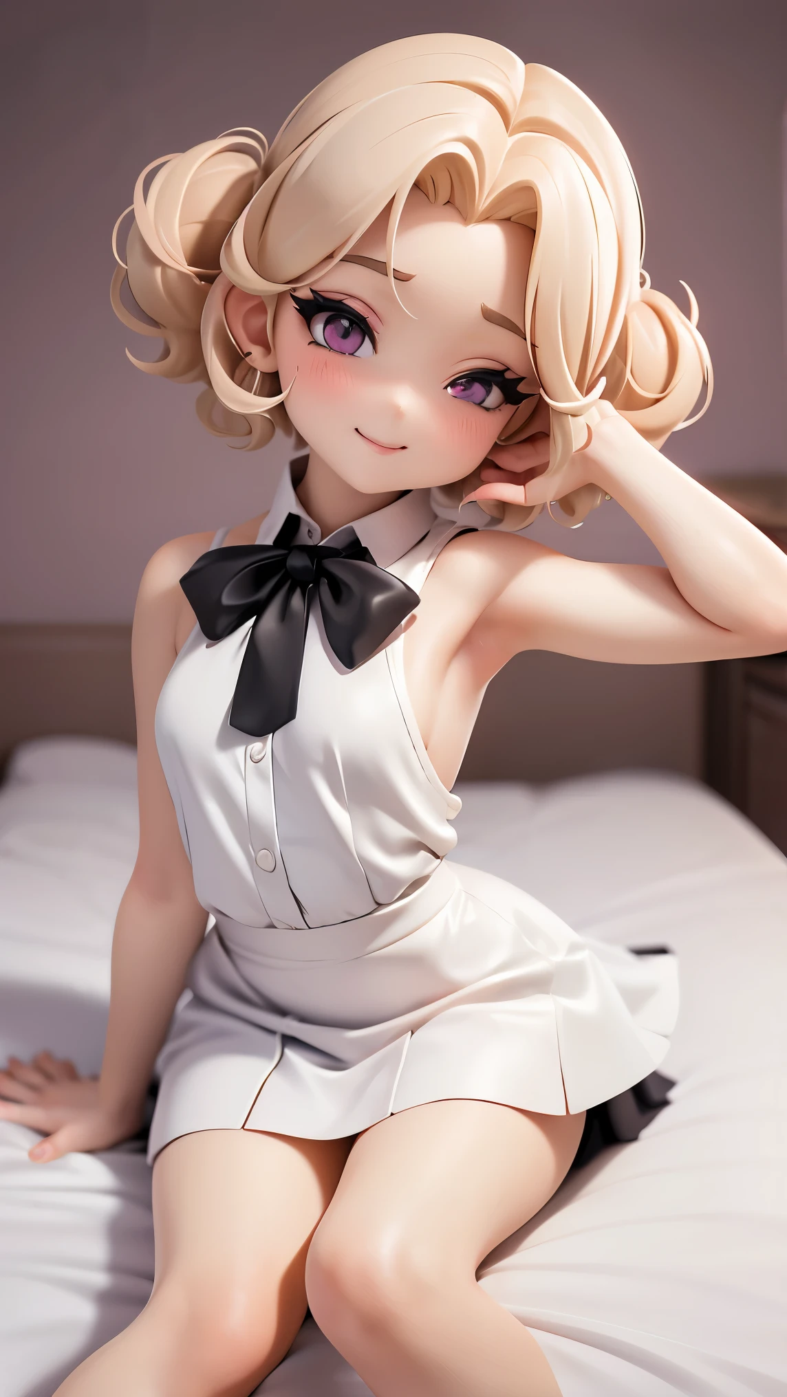 (Masterpiece, 1 woman, alone), slightly pinkish fair skin, a mature 20-year-old woman figure, (((small face))), (Classic Marilyn Monroe hairstyle, featuring short, voluminous, platinum blonde curls styled in a glamorous and vintage 1950s look.), (light pink eyes, heart-shaped pupils), mascara, make up, eyeliner, lip barm, middle-large chest, blush, smile, gyaru. white shirts, black neck-tie, (black short skirt), over knee socks. (eye smile, half-closed eyes), (bed in a modern bedroom of a stylish woman.), (open the mouth). 유혹하는 표정. 반 쯤 감은 눈. 