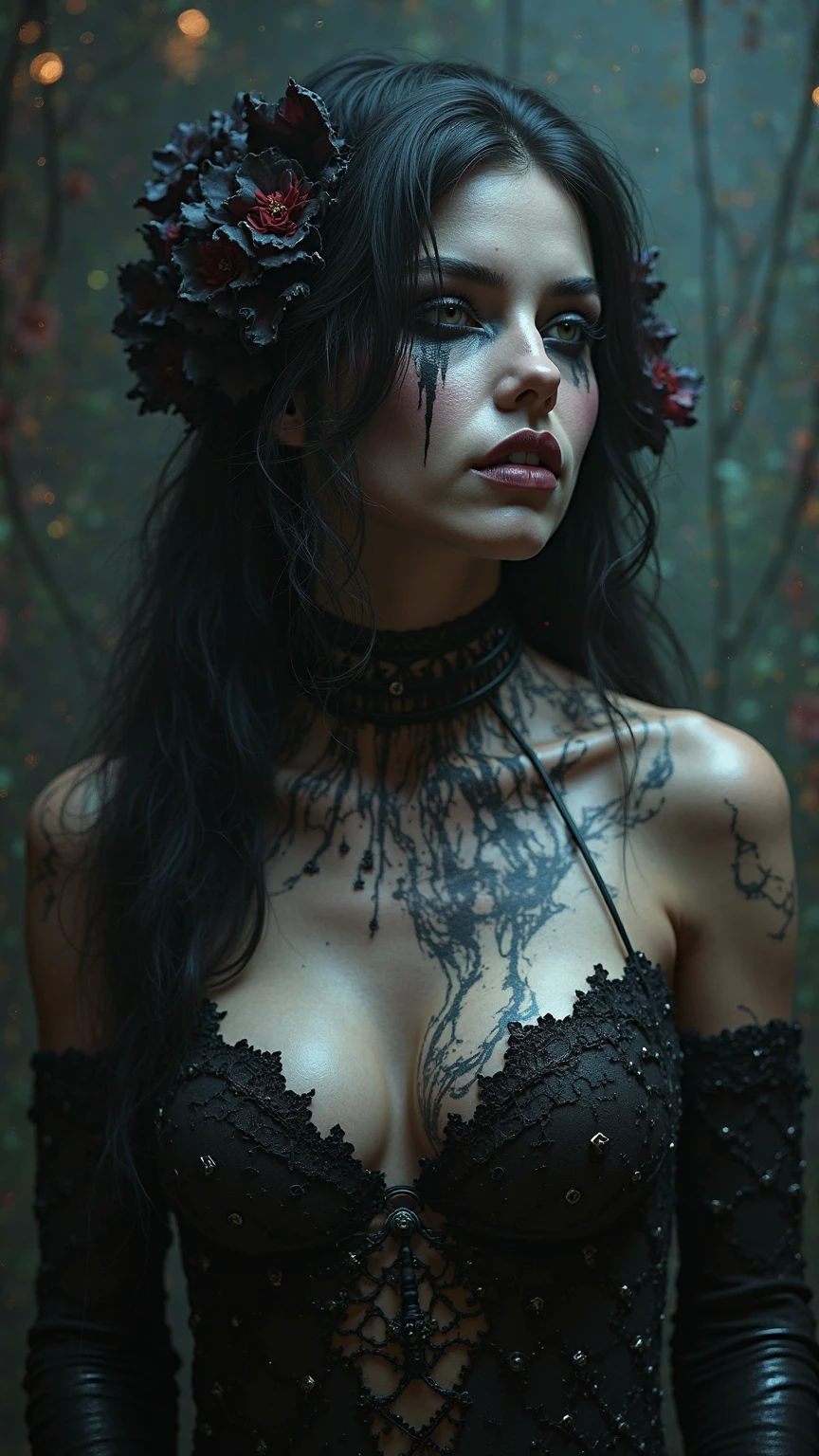 bela mulher tatuada, cabelos curtos preto, corpo inteiro, Gothic purple and black dress, luvas de rena preta, On his neck a crown of void, gotic, belissimo, mais alta qualidade, 8k, ao fundo uma floresta escura, com borboletas iluminadas
