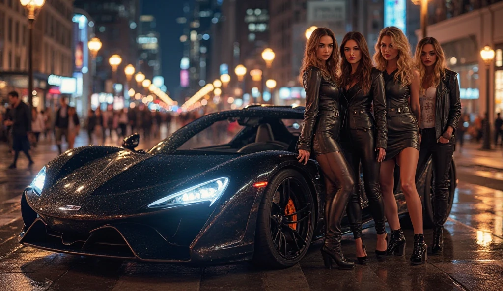 Un voiture futuriste avec 5 femmes en noir avec une cravate autour du coup et un titre : BOSS B