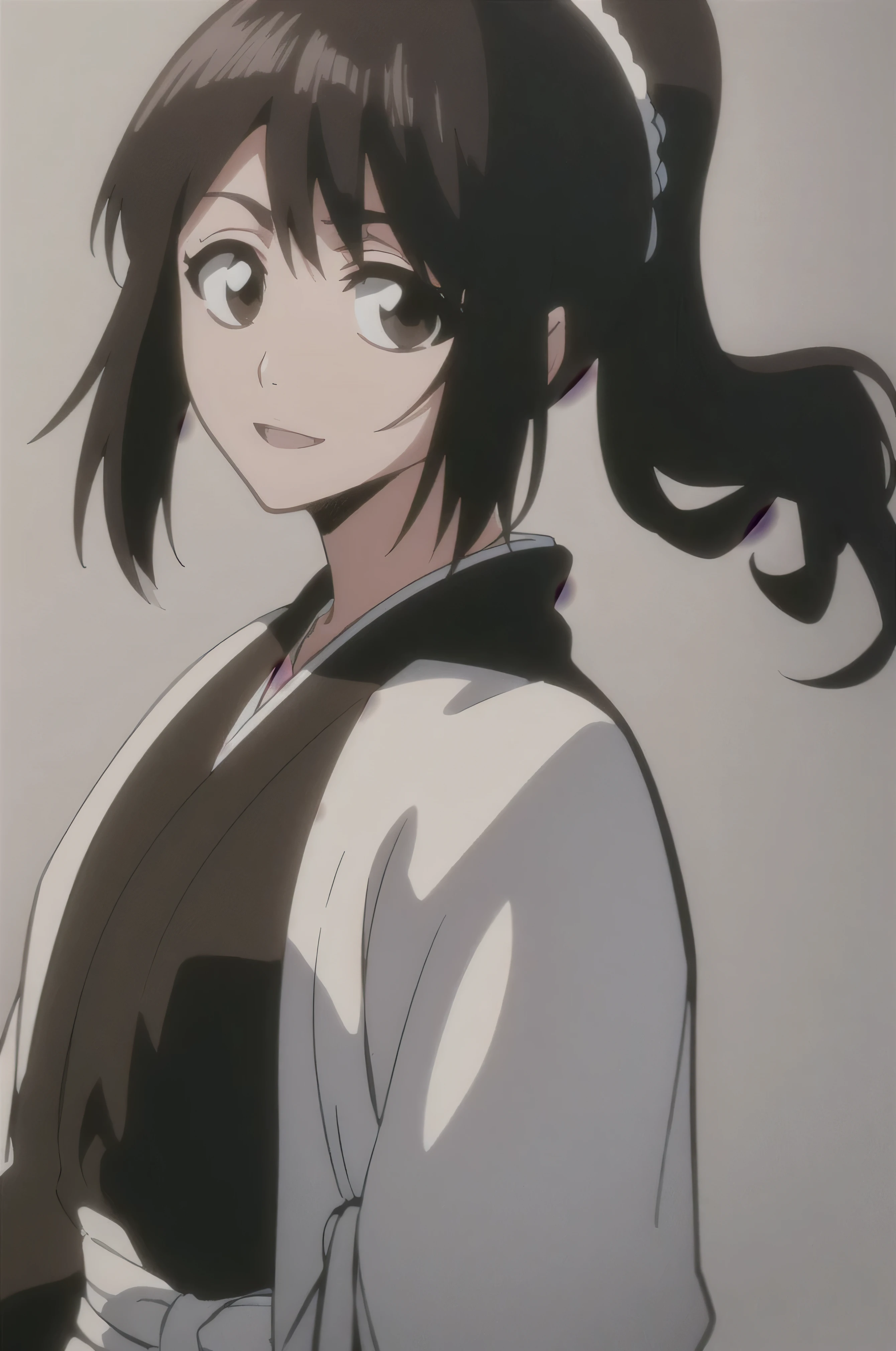 masterpiece, top quality ,
1 girl from the side , romantic love , black hair, single , ponytail, Vancouver, brown eyes,
Hair bangs,
kimono, white sleeveless coat ,Captain's coat without white sleeves, black kimono ,
smile, alone, I'm looking for , simple background , white background