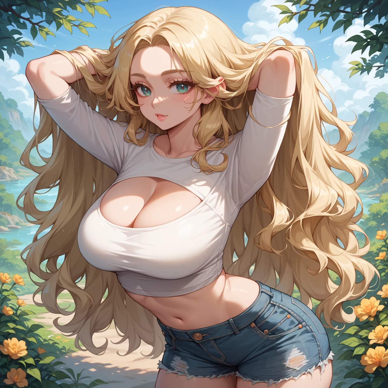 One person,In the flower field,White flower,View your viewers,blue eyes,Blonde,Daisy,Long Hair,Young face,Big eyes,(Drooping eyes)Blue Eyes,Pink Lips,Blushing,A faint smile,camisole(Abnormally very very large breasts)Wide open chest,Cleavage,The waist is well-developed.,Sexy ass,Denim mini skirt,(White panties are visible:0.8)