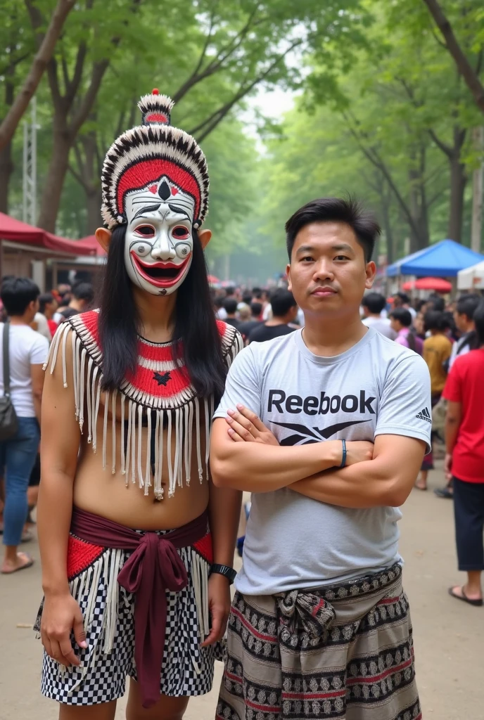 realistic photography. young man Indonesian face. Full body covered in silver from toe to face with a laughing expression. Next to him walked a woman wearing a hijab made of leaves and lots of snakes. wearing clothes made of leaves around his neck and on his head there are many snakes. street atmosphere. asphalt like there is a carnival. lots of spectators left and right. Ultra-realistic 8K photograph, shot with a Leica Q2, strong color contrast and sharp clarity --quality 2 --