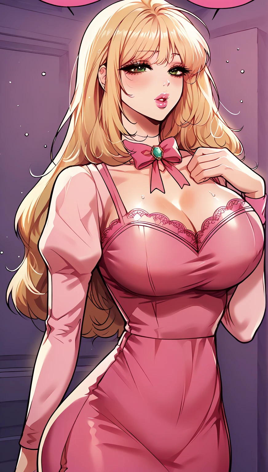 ((masterpiece, best quality)),solo,1girl, lolaloud, lola loud, blonde hair, highres, detailed, soft lighting, long hair, pink dress, pearl necklace, crown,smile, missing tooth, black outline, large breasts, pink long gloves