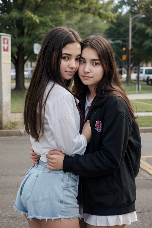 duas little girls, little girls, small, youth, are in the park, baby face, legging, 8K, long hair, dando Kiss na bochecha, maximum perfection possible, similarity with reality, natural photo, kissing on the cheek, whole body, photoshot, Kiss