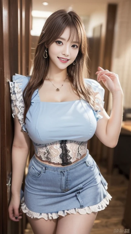 Beautiful hyper realistic Asian girl with beautiful body with slim waist with big breasts dressed in fashion designer clothes holding a bag with arts and painted lips and smiling sexy