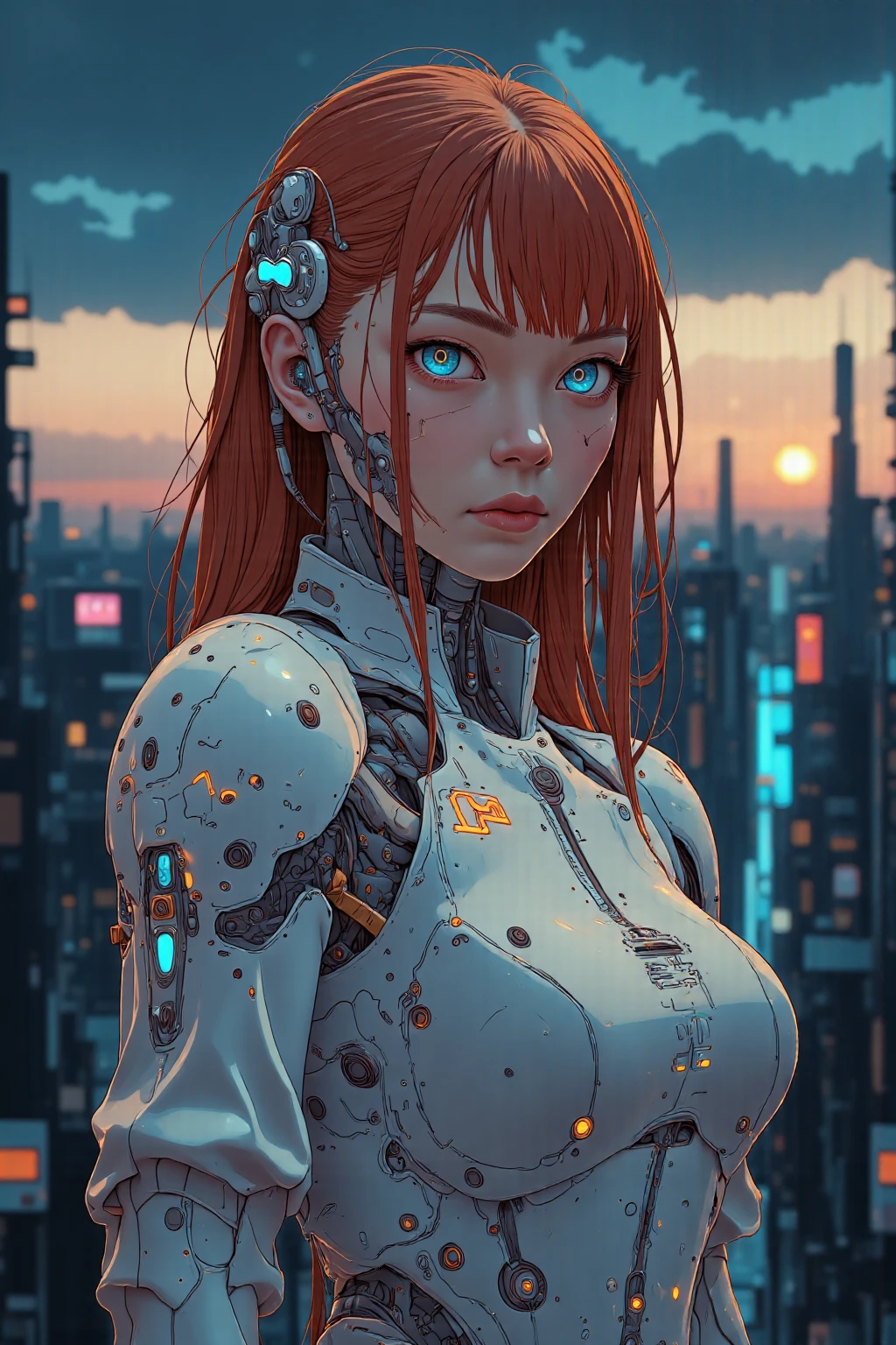 Beautiful Pandan Tomorrow dressed in Mecha, sci-fi City, Future Anime, Art Girl, Vampire, blue eyes and red hair, red dress, colorful, soft lights, red and blue lights, --auto --s2