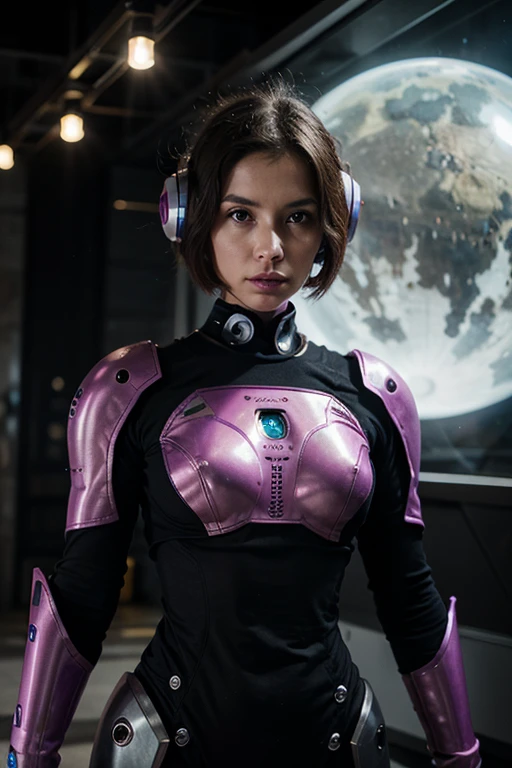 photo of a college student，16 years old, in Purple Pink, futuristic space suit, (freckles:0.8) cute face, sci-fi, dystopian, detailed eyes, cobalt blue eyes（（Side view））Disco bar
