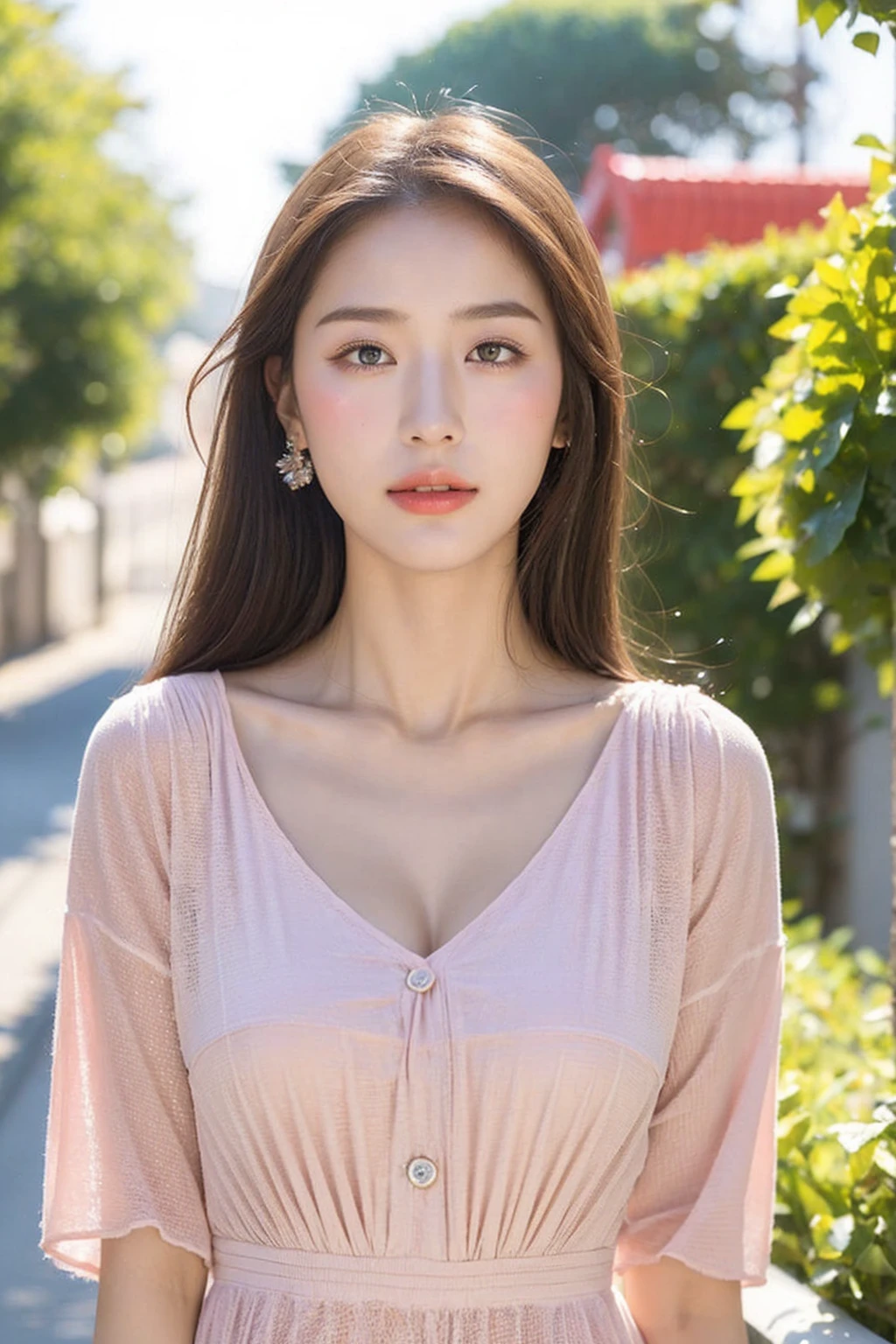 ((Best quality, 8K, masterpiece:1.3))，1girl，18 years old，Asian，Real texture:1.3，(Background blur:1.3)，Gorgeous long dress，Tall and slender figure:1.2，(Hot summer weather)，（garden:1.3），Highly detailed face and skin textures，Exquisite eyes，Long eyelashes，Double eyelids，Skin Whitening，happy，Big breasts